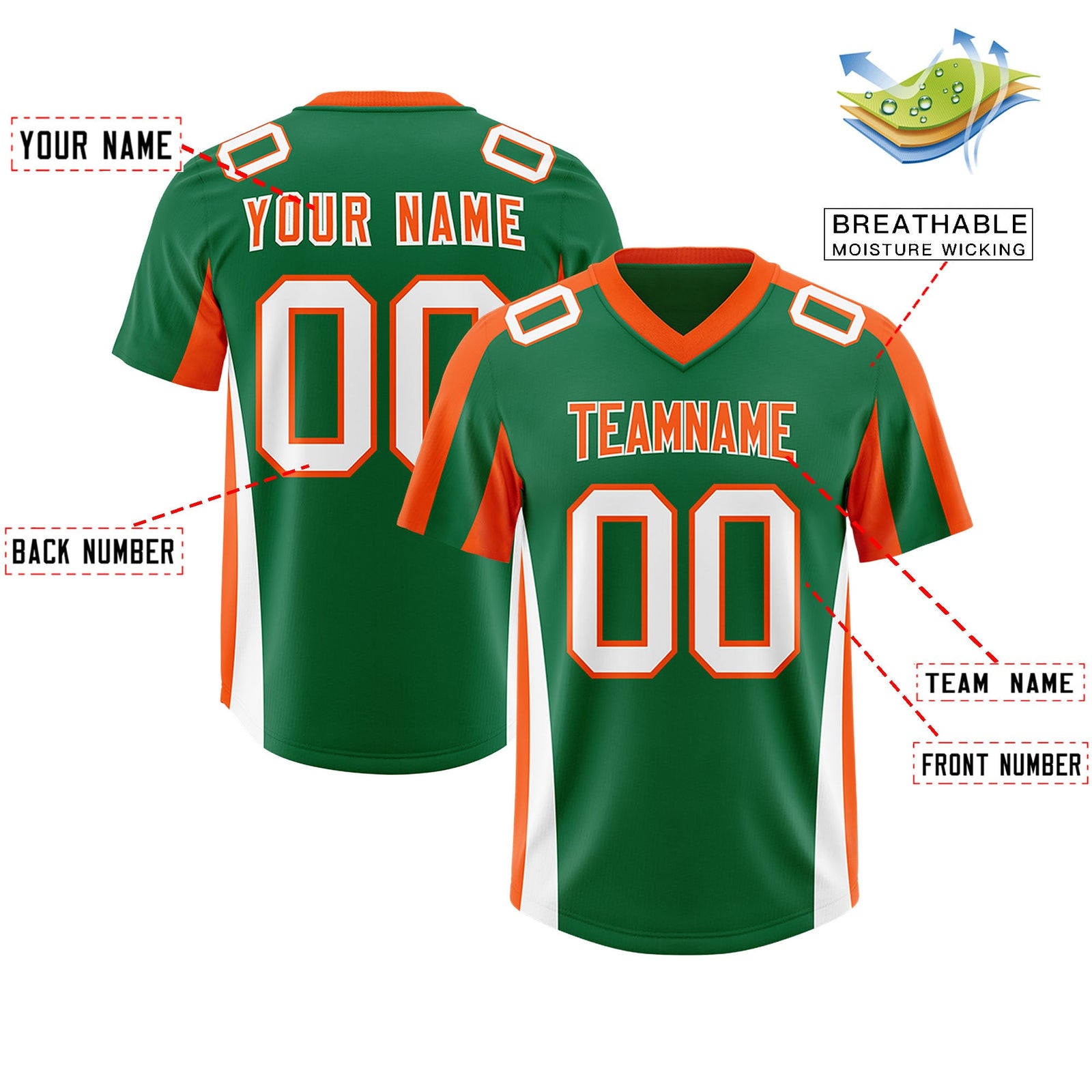 Custom Kelly Green Orange Side Stripe Pattern Authentic Football Jersey