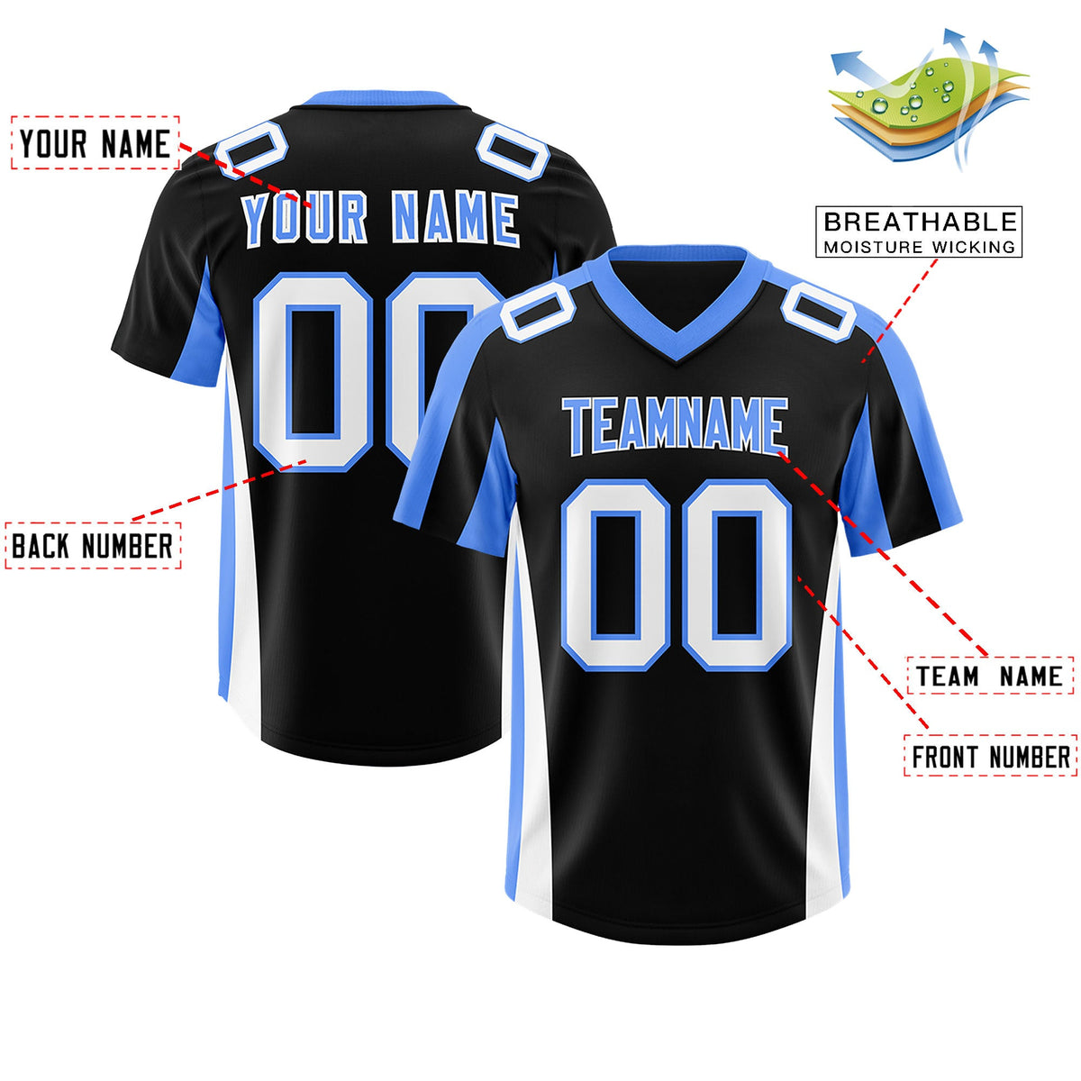 Custom Black Powder Blue Side Stripe Pattern Authentic Football Jersey