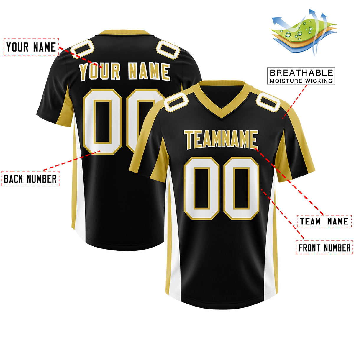 Custom Black Old Gold Side Stripe Pattern Authentic Football Jersey
