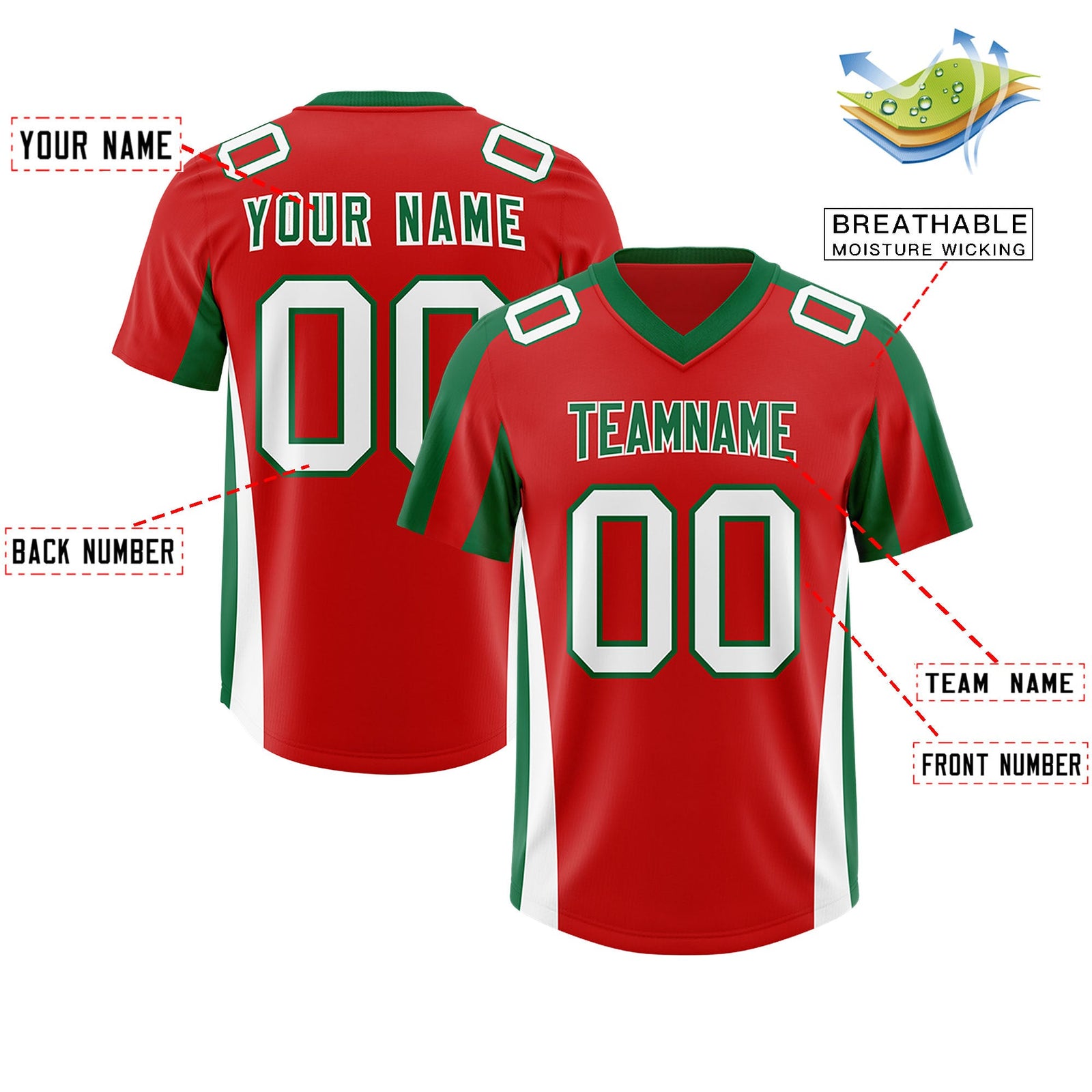 Custom Red Kelly Green Side Stripe Pattern Authentic Football Jersey