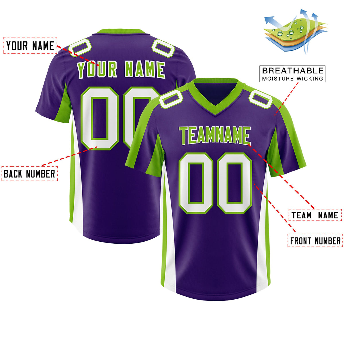 Custom Purple Neon Green Side Stripe Pattern Authentic Football Jersey