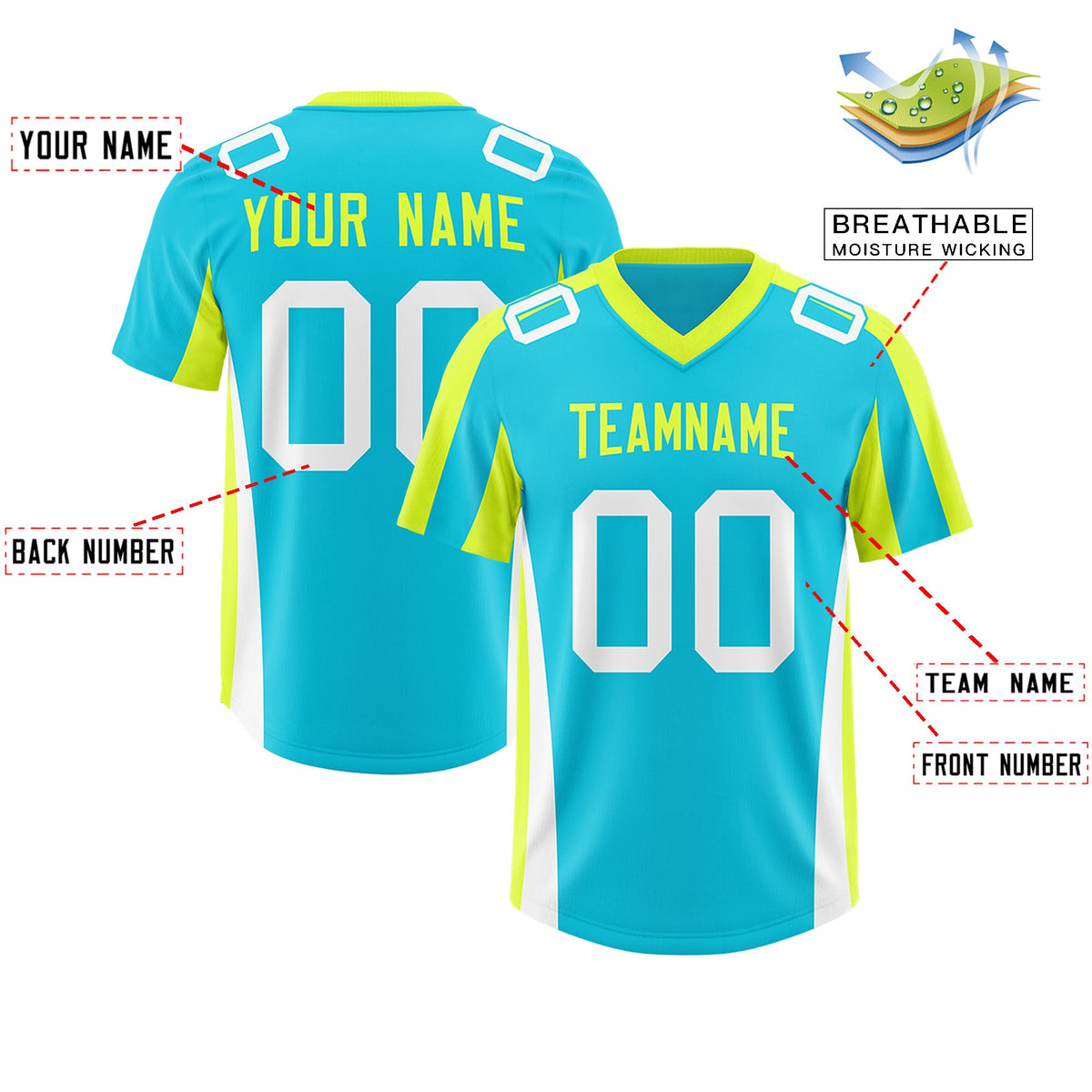 Custom Sky Blue Fluorescent Green Side Stripe Pattern Authentic Football Jersey