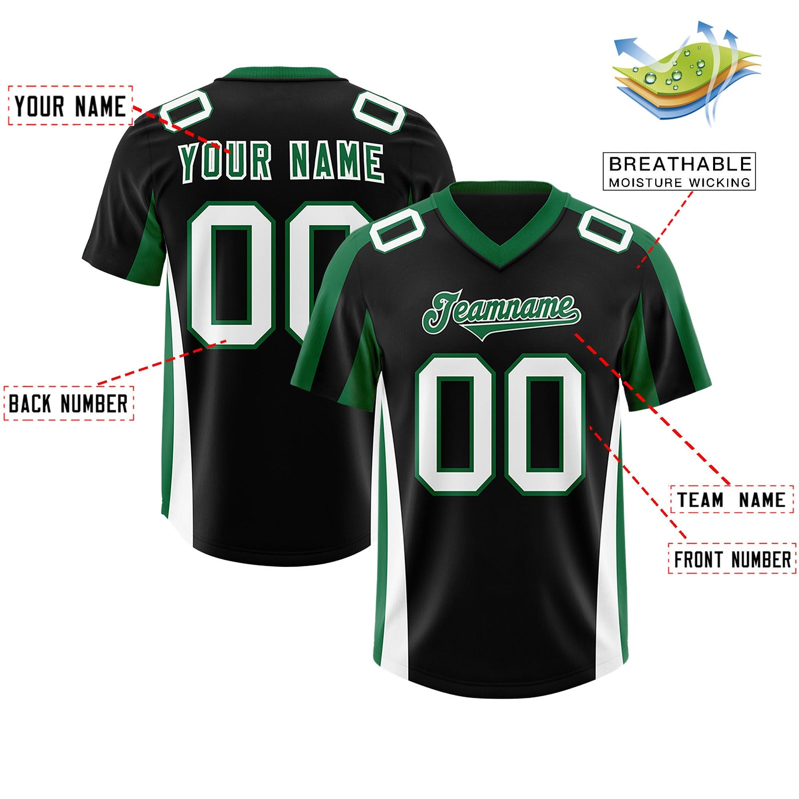 Custom Black Kelly Green Side Stripe Pattern Authentic Football Jersey