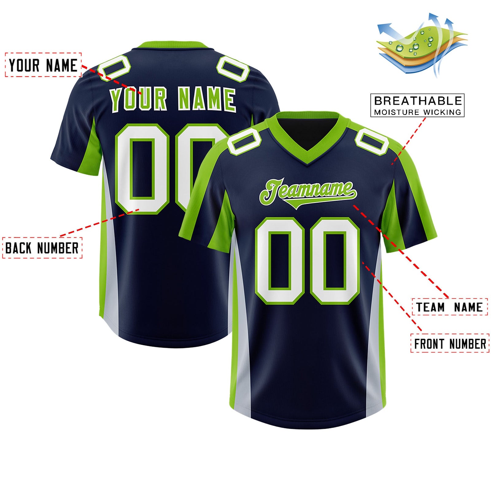 Custom Navy Neon Green Side Stripe Pattern Authentic Football Jersey