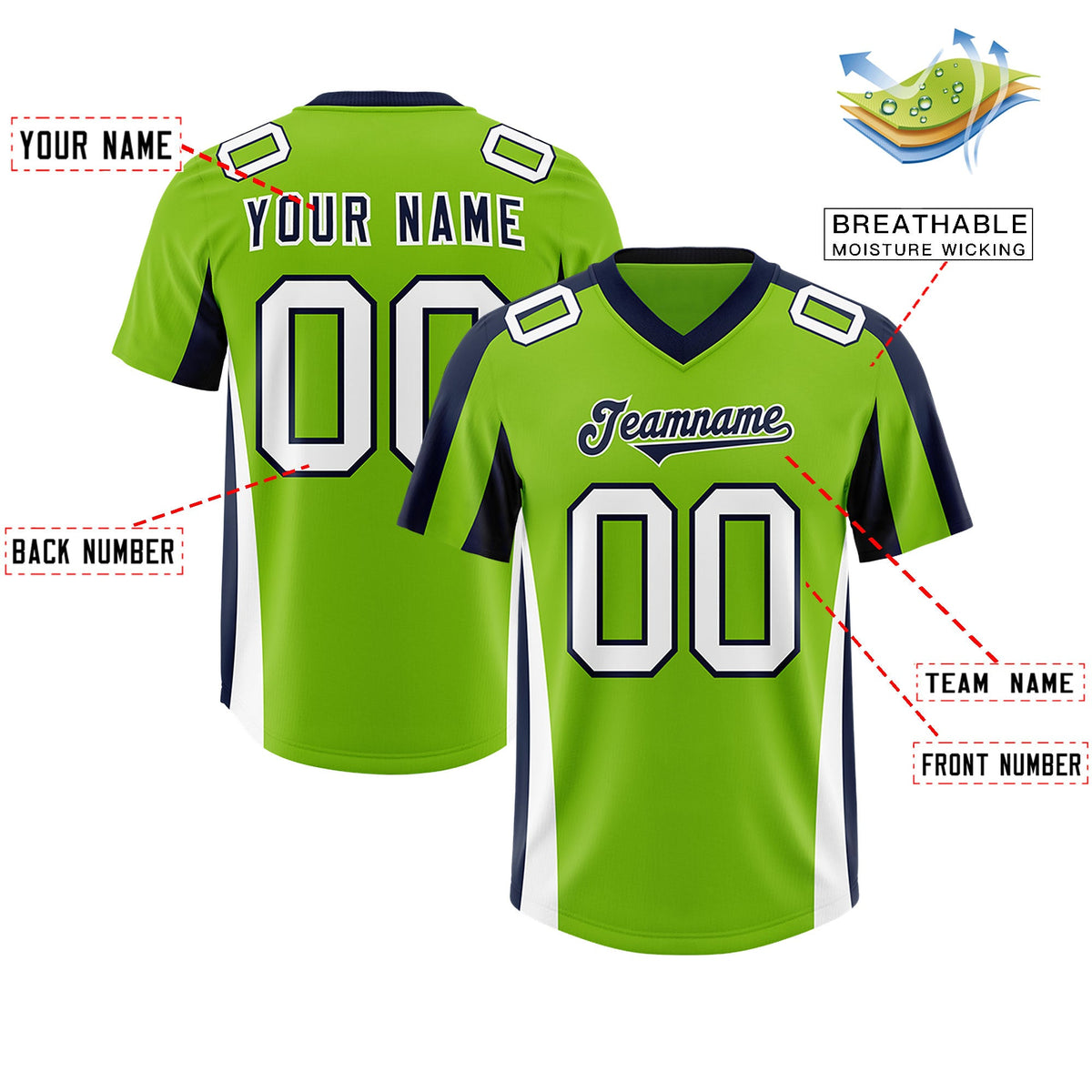 Custom Neon Green Navy Side Stripe Pattern Authentic Football Jersey