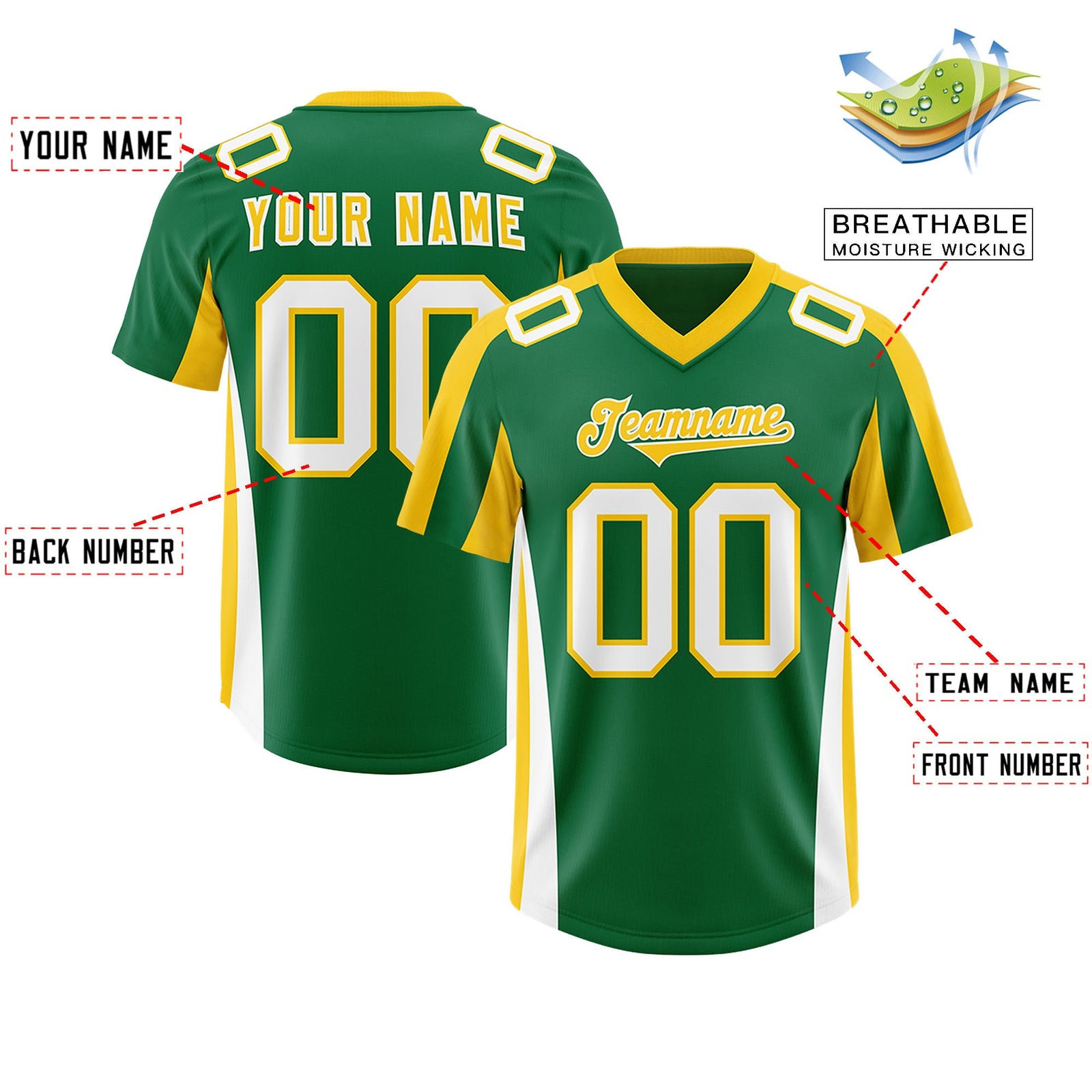 Custom Kelly Green Gold Side Stripe Pattern Authentic Football Jersey