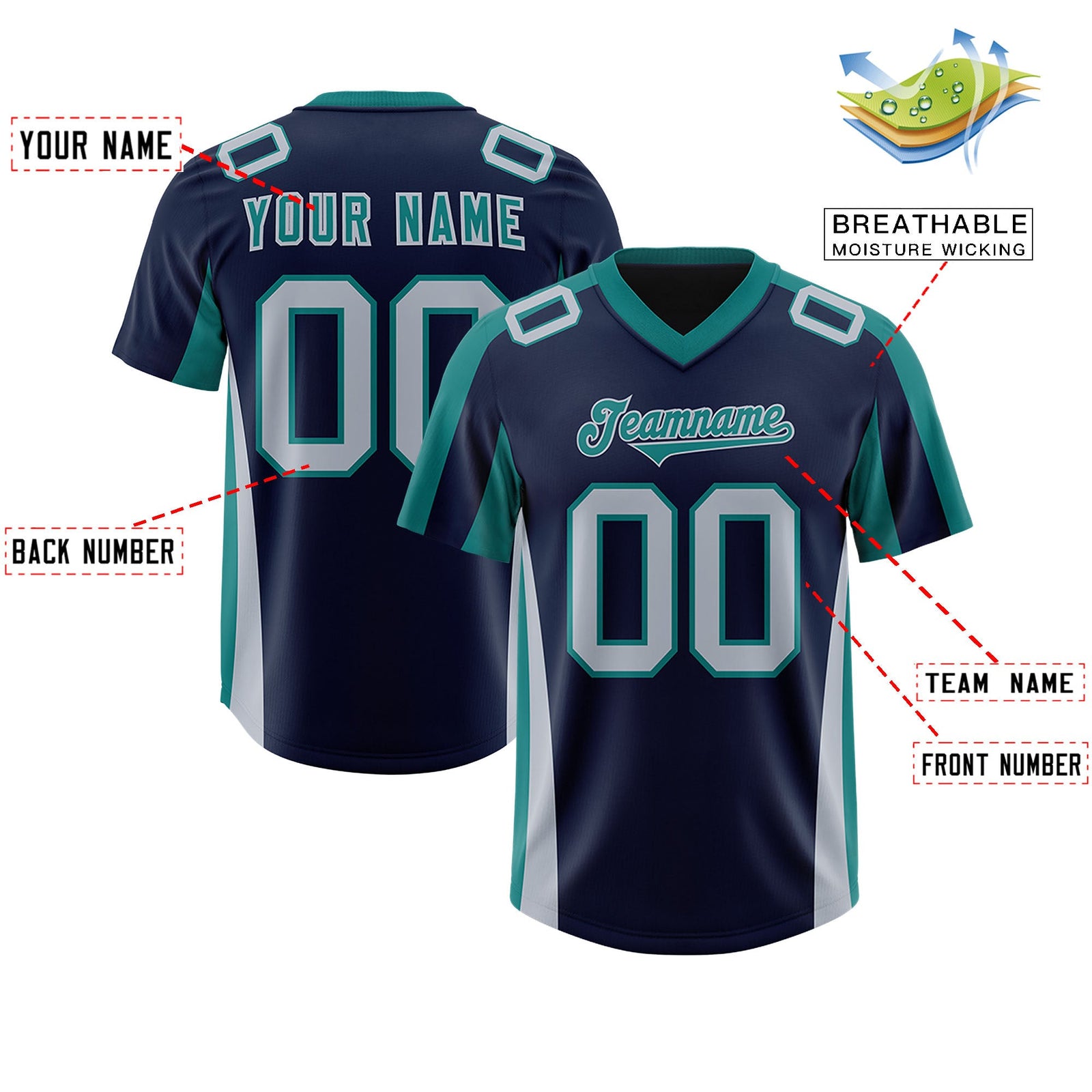 Custom Navy Aqua Side Stripe Pattern Authentic Football Jersey