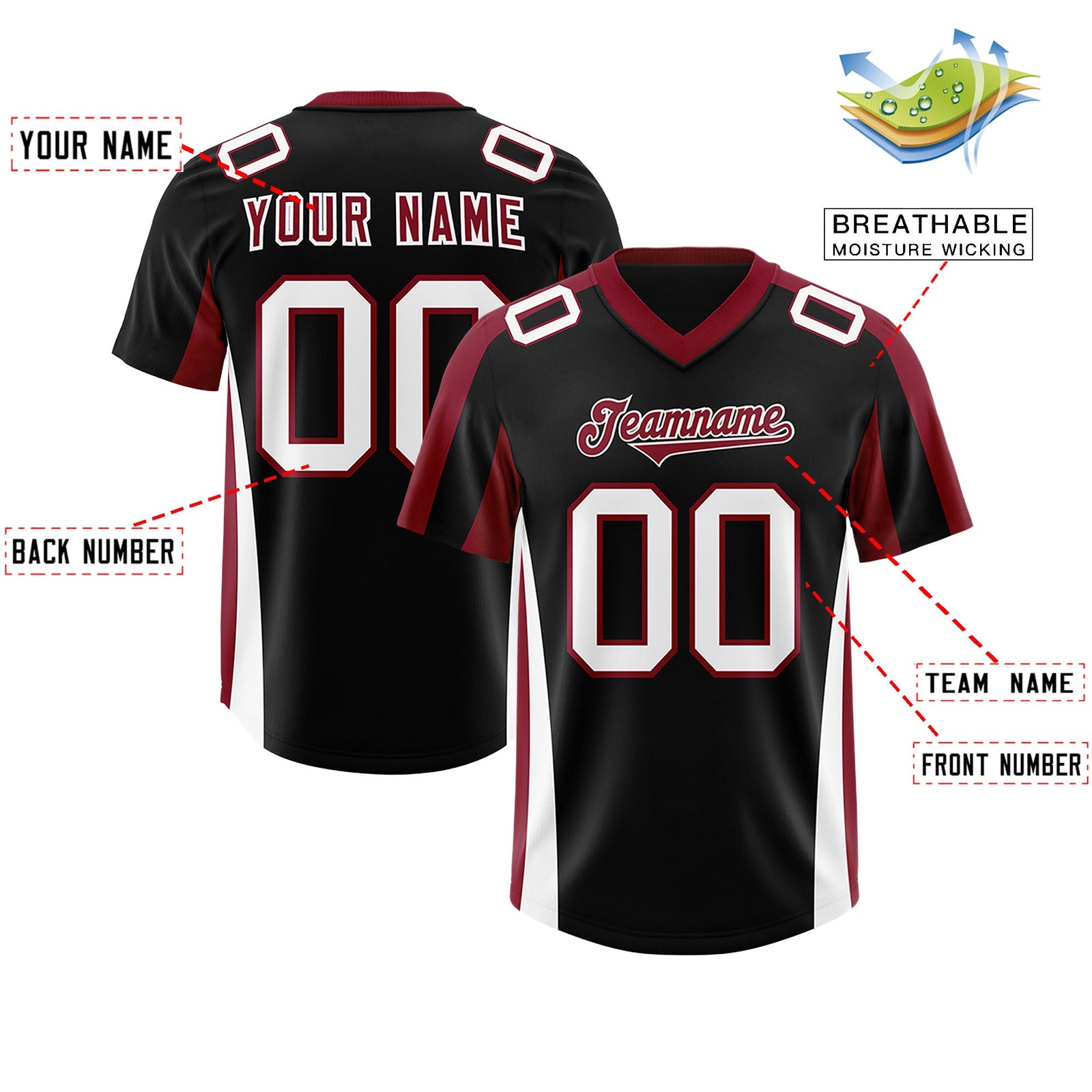 Custom Black Crimson Side Stripe Pattern Authentic Football Jersey