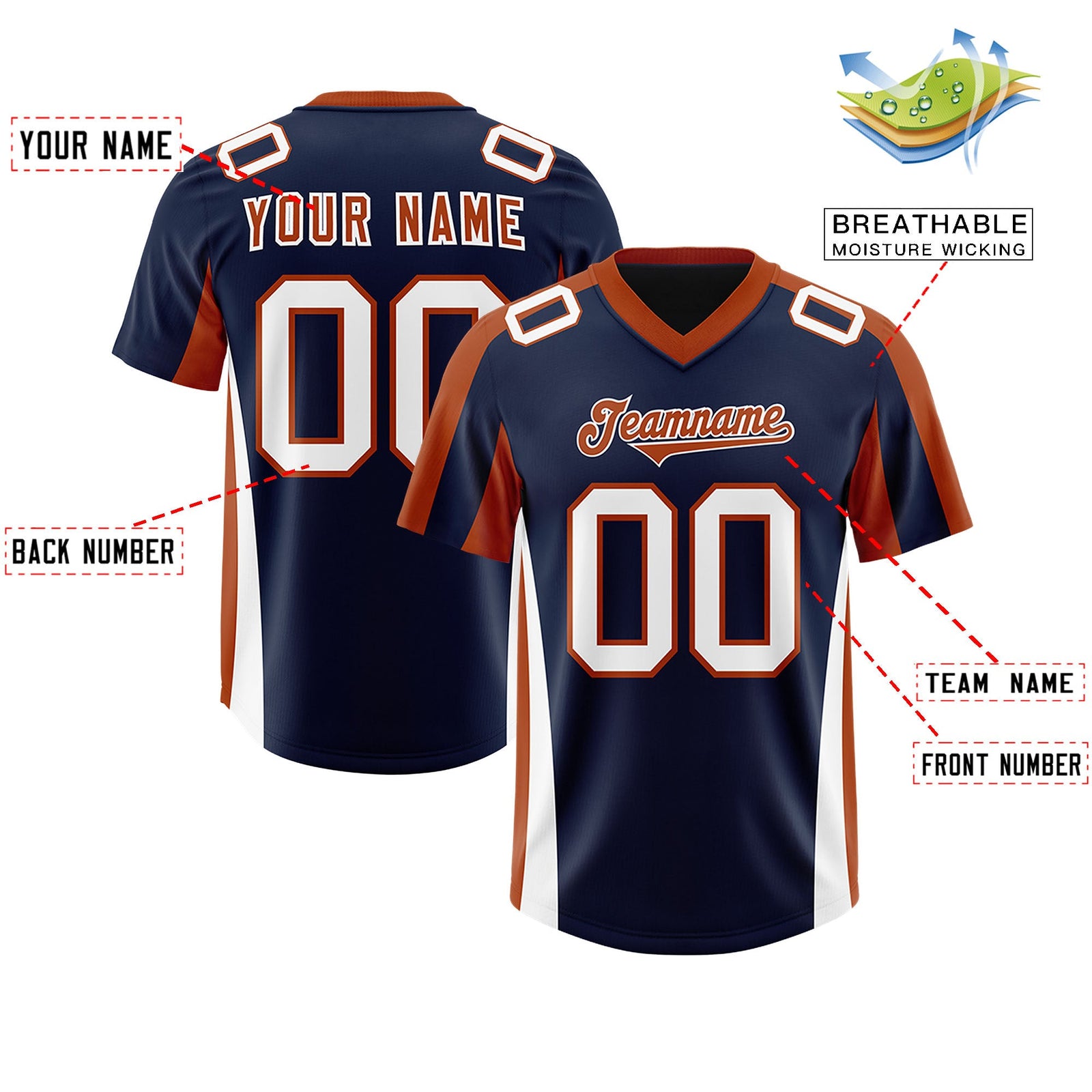 Custom Navy Texas Orange Side Stripe Pattern Authentic Football Jersey