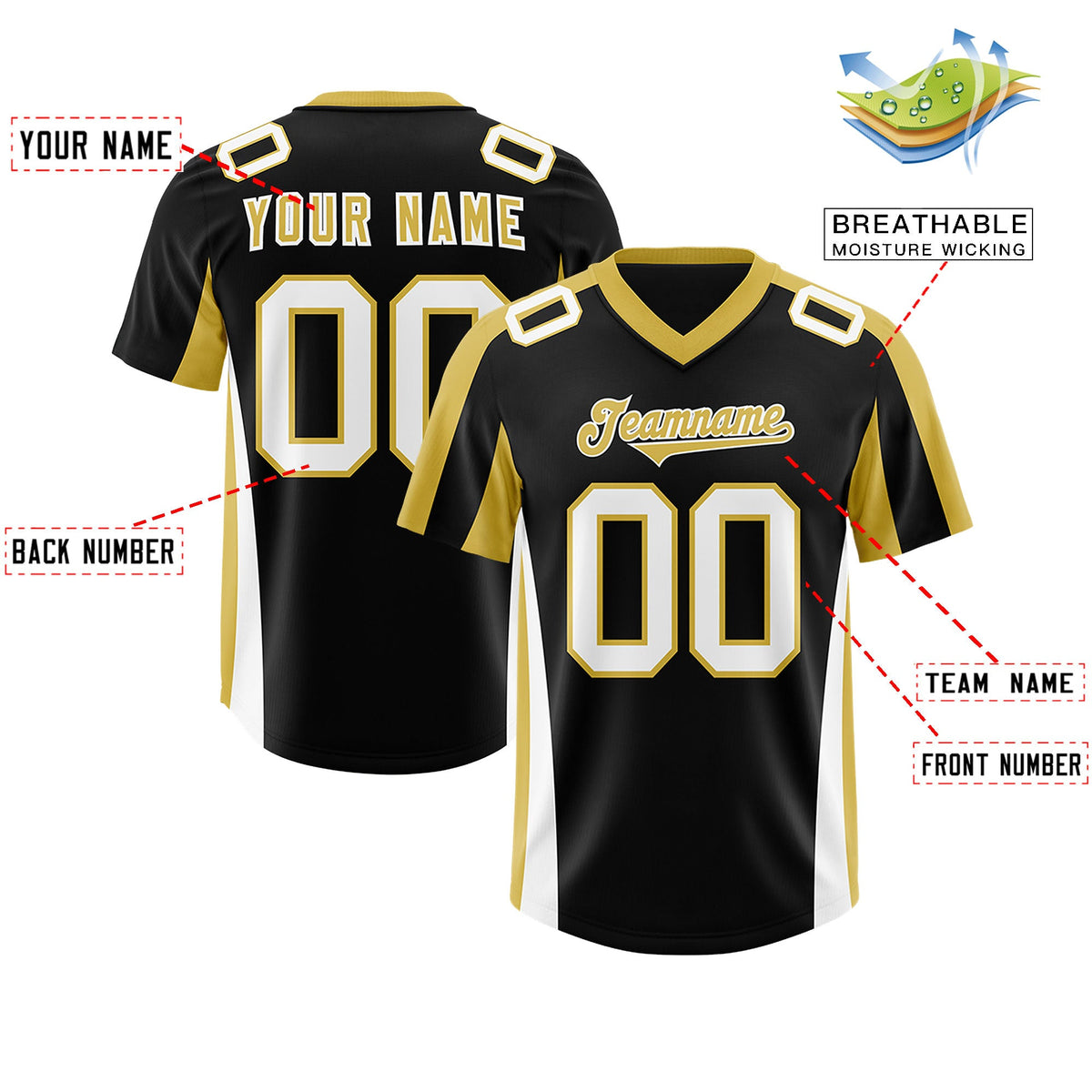 Custom Black Old Gold Side Stripe Pattern Authentic Football Jersey