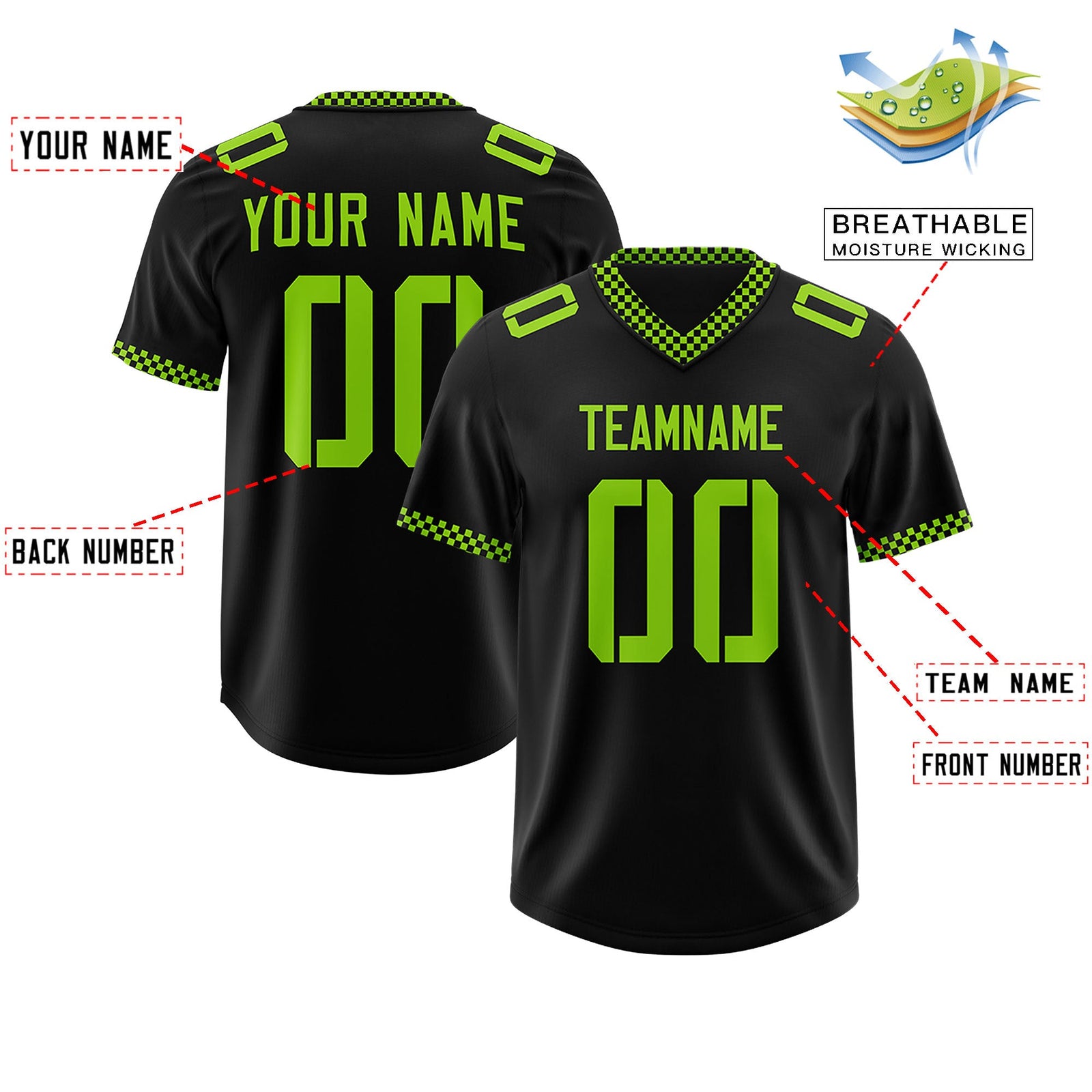 Custom Black Neon Green Personalized Neckline Square Classic Authentic Football Jersey