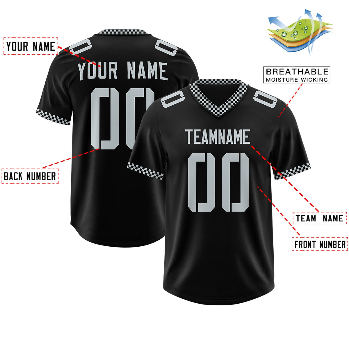Custom Black Silver Personalized Neckline Square Classic Authentic Football Jersey