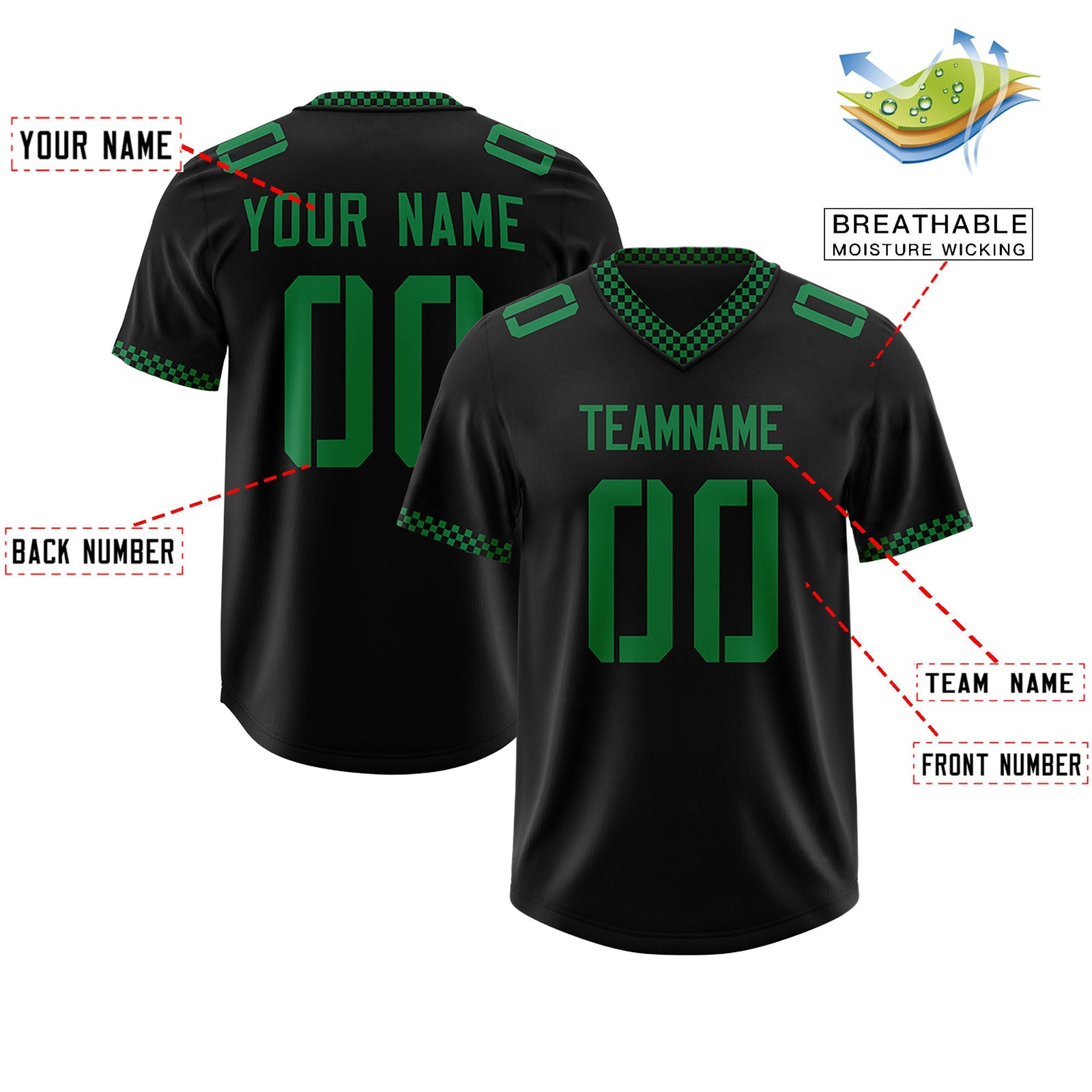 Custom Black Kelly Green Personalized Neckline Square Classic Authentic Football Jersey
