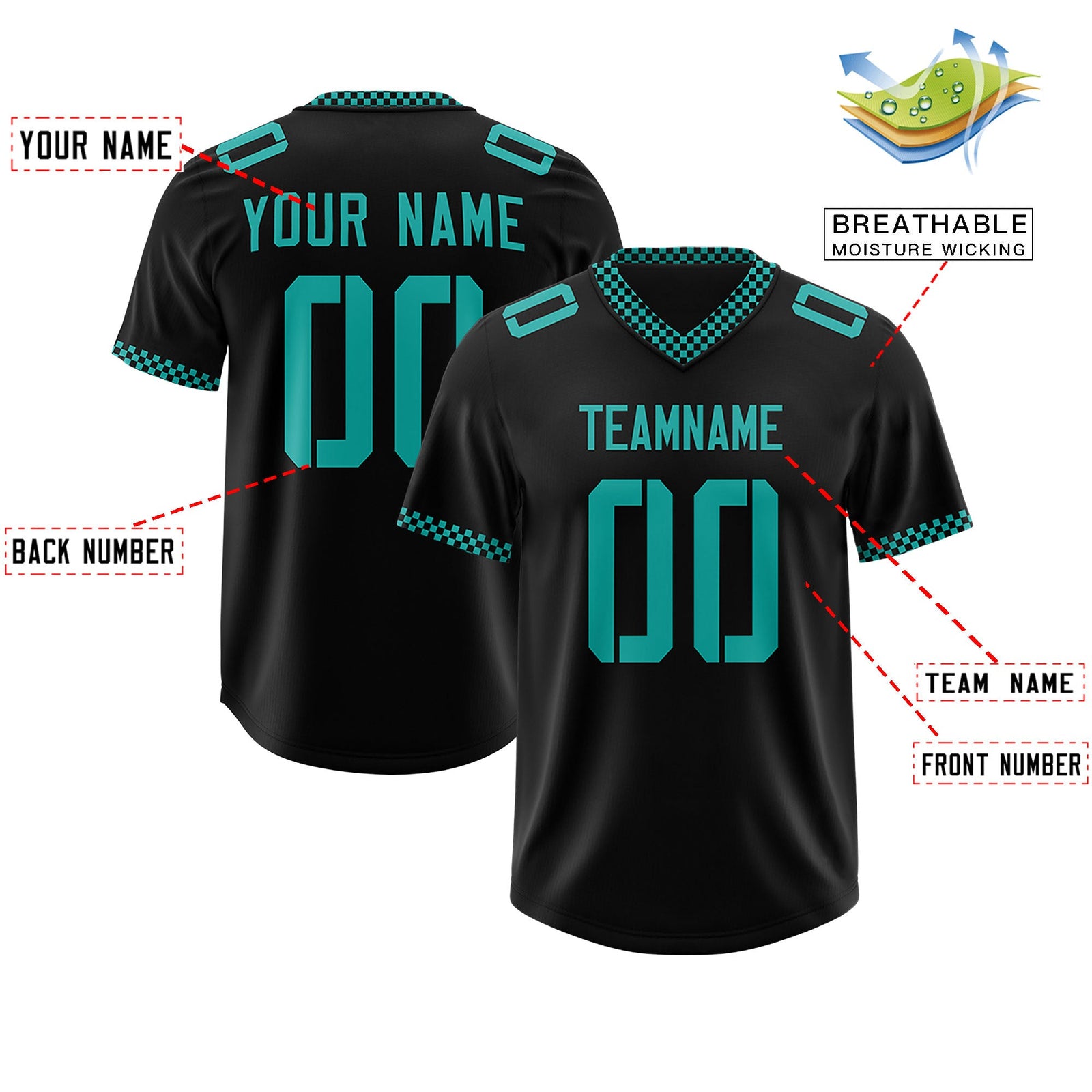 Custom Black Aqua Personalized Neckline Square Classic Authentic Football Jersey