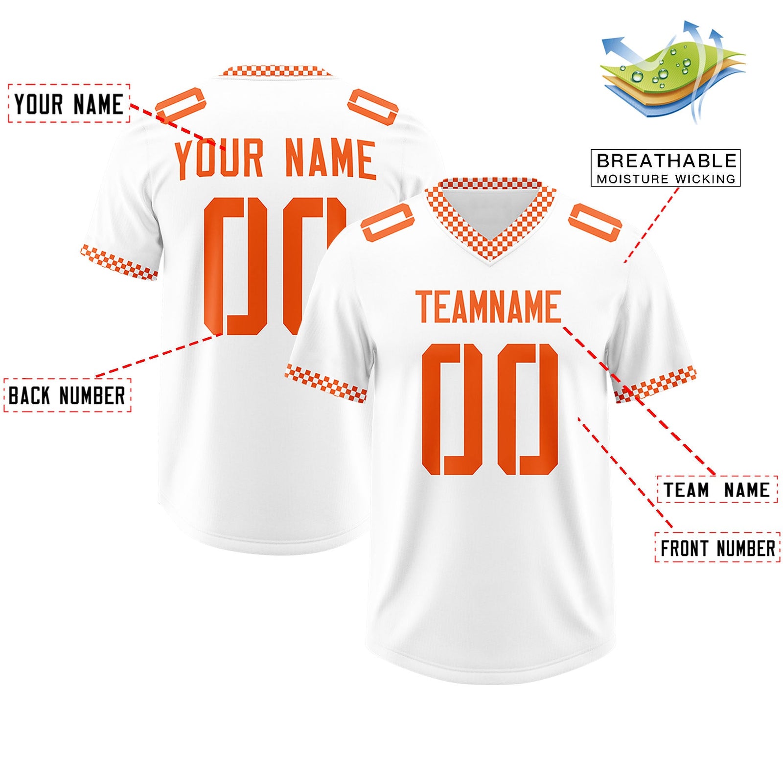 Custom White Orange Personalized Neckline Square Classic Authentic Football Jersey