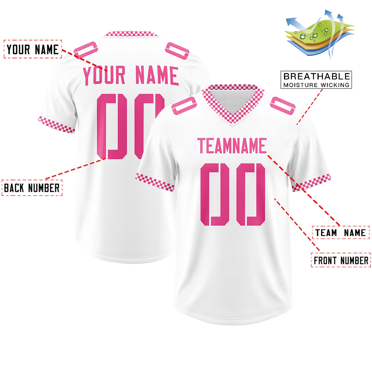 Custom White Pink Personalized Neckline Square Classic Authentic Football Jersey