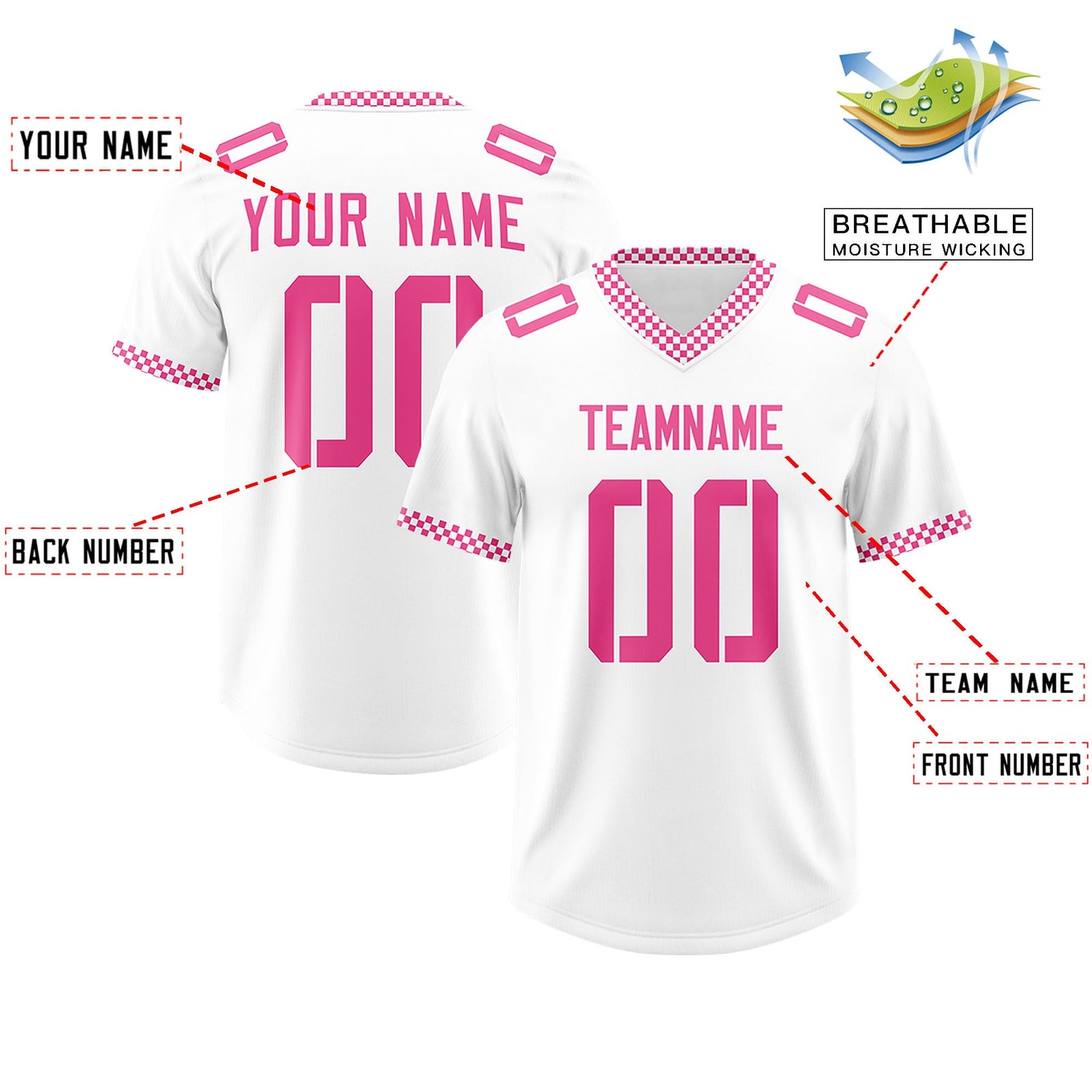 Custom White Pink Personalized Neckline Square Classic Authentic Football Jersey