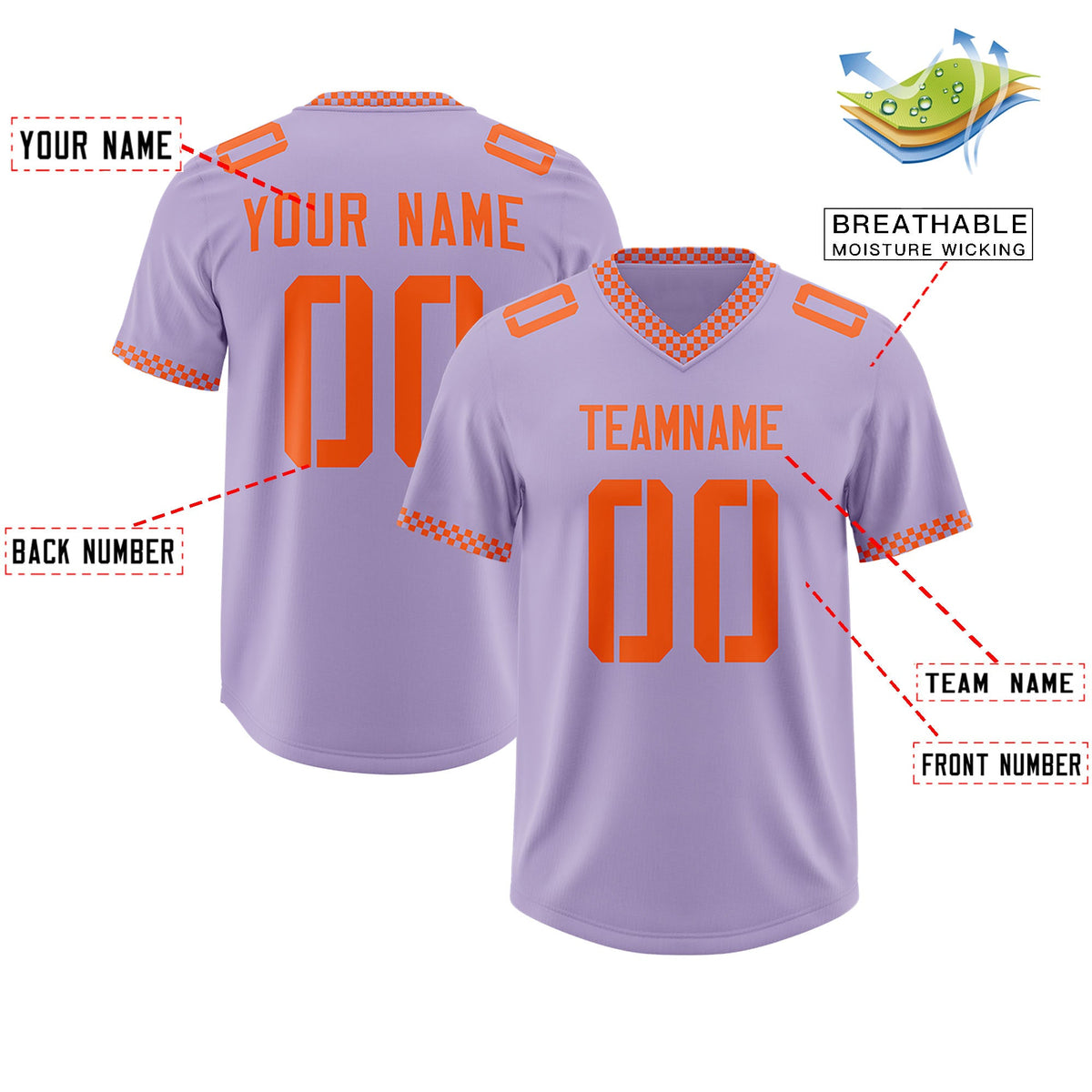 Custom Light Purple Orange Personalized Neckline Square Classic Authentic Football Jersey