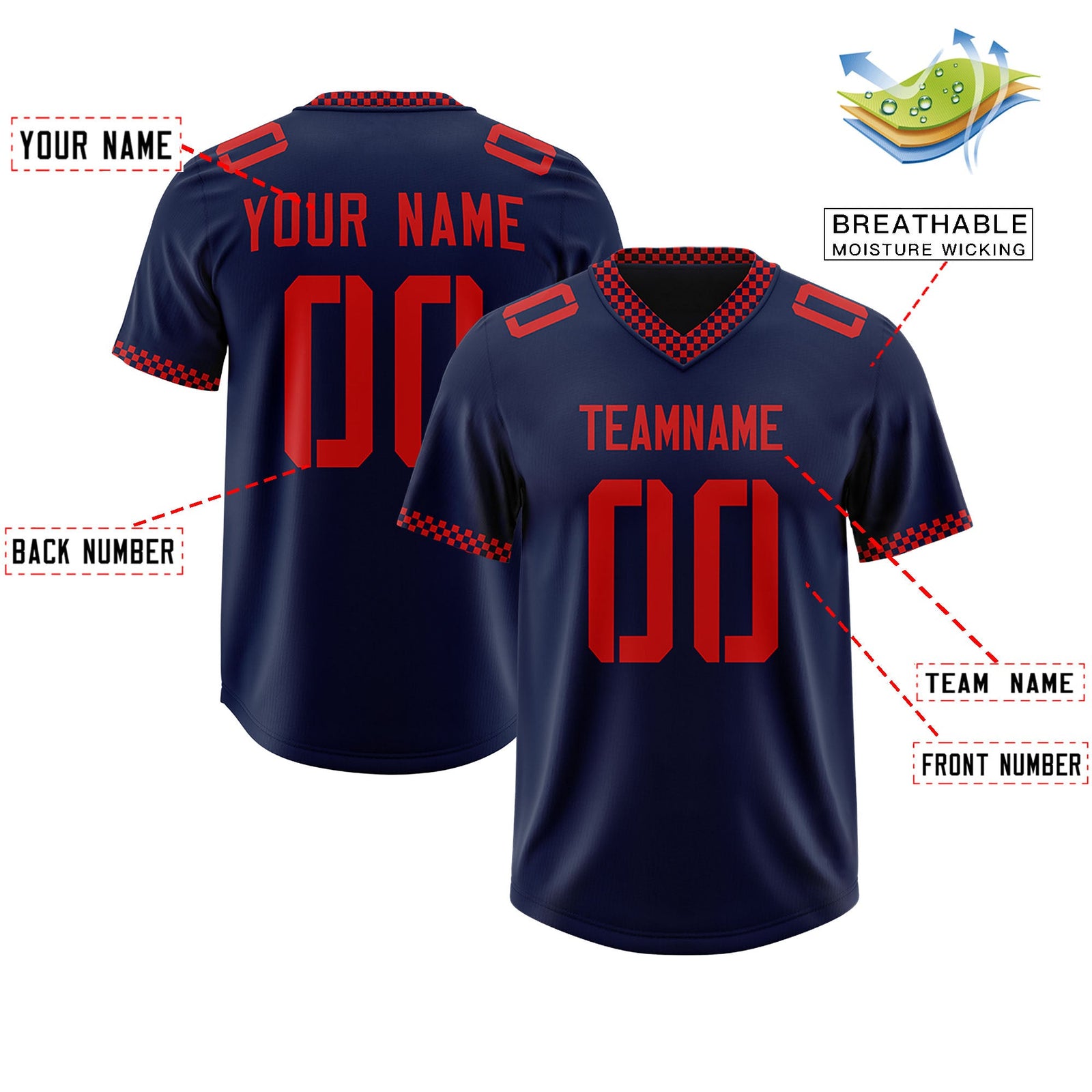 Custom Navy Red Personalized Neckline Square Classic Authentic Football Jersey