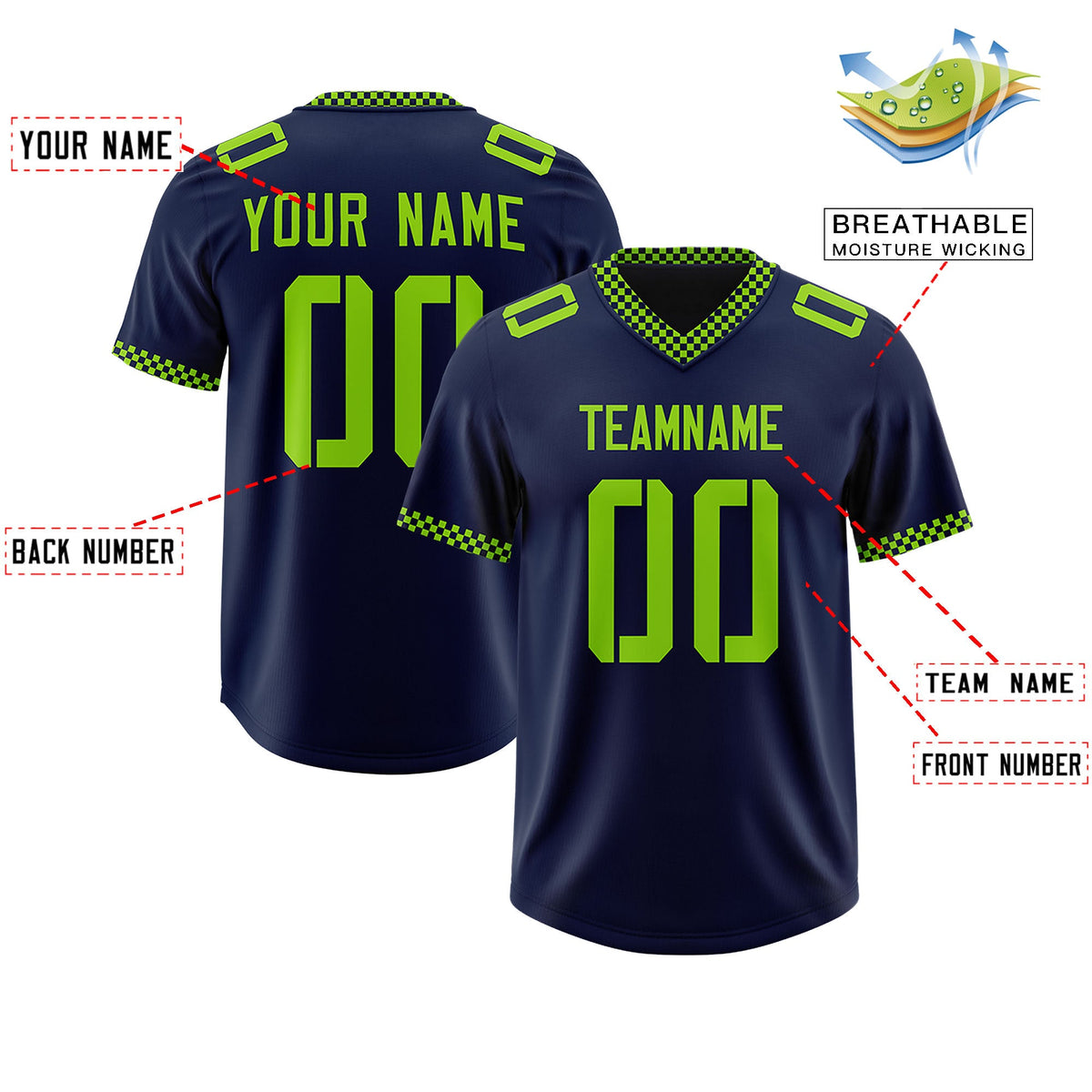 Custom Navy Neon Green Personalized Neckline Square Classic Authentic Football Jersey