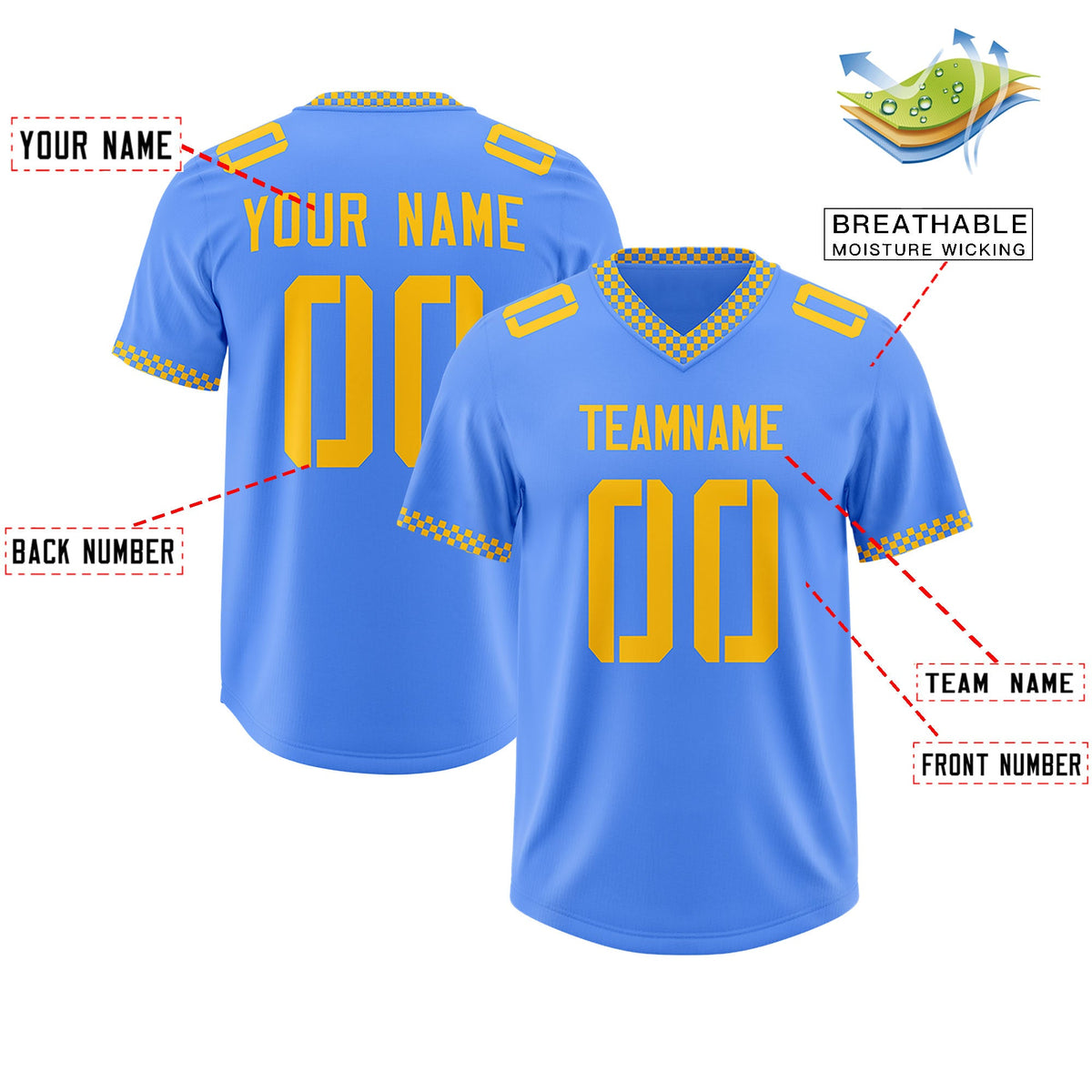 Custom Powder Blue Yellow Personalized Neckline Square Classic Authentic Football Jersey