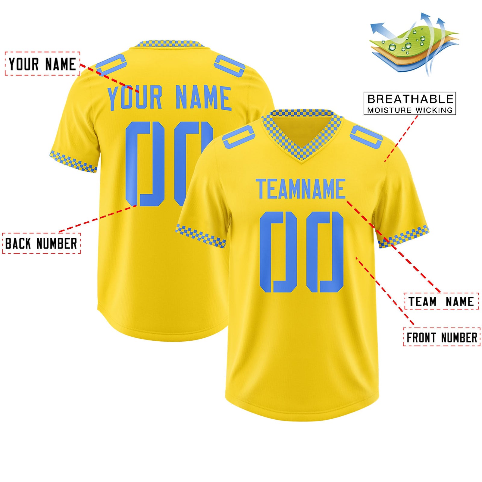 Custom Gold Powder Blue Personalized Neckline Square Classic Authentic Football Jersey