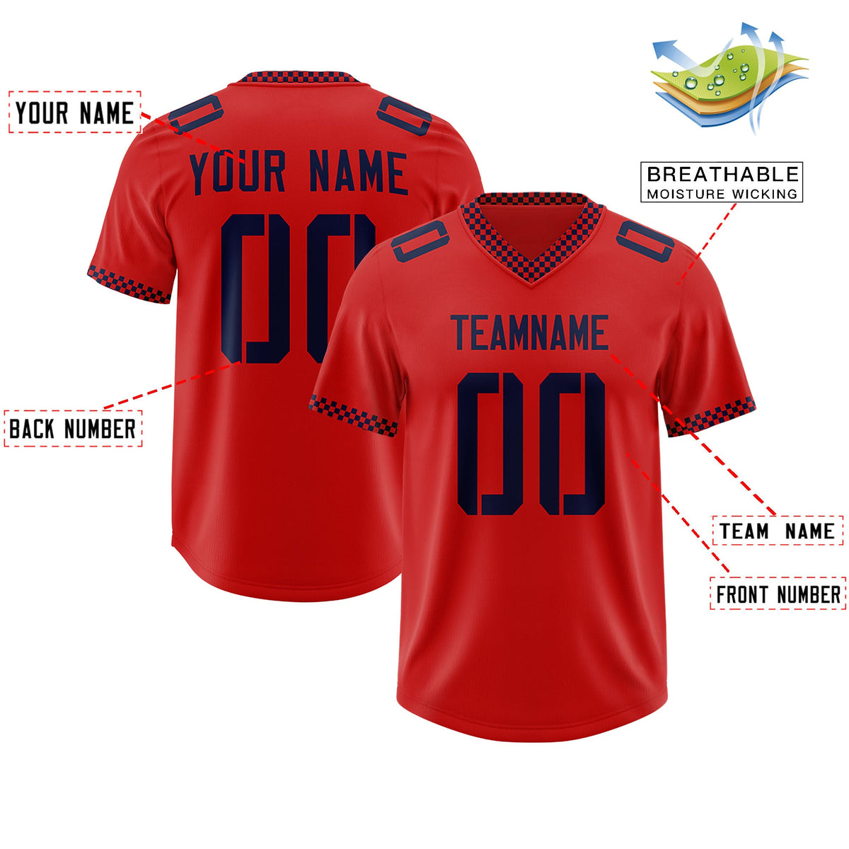 Custom Red Navy Personalized Neckline Square Classic Authentic Football Jersey