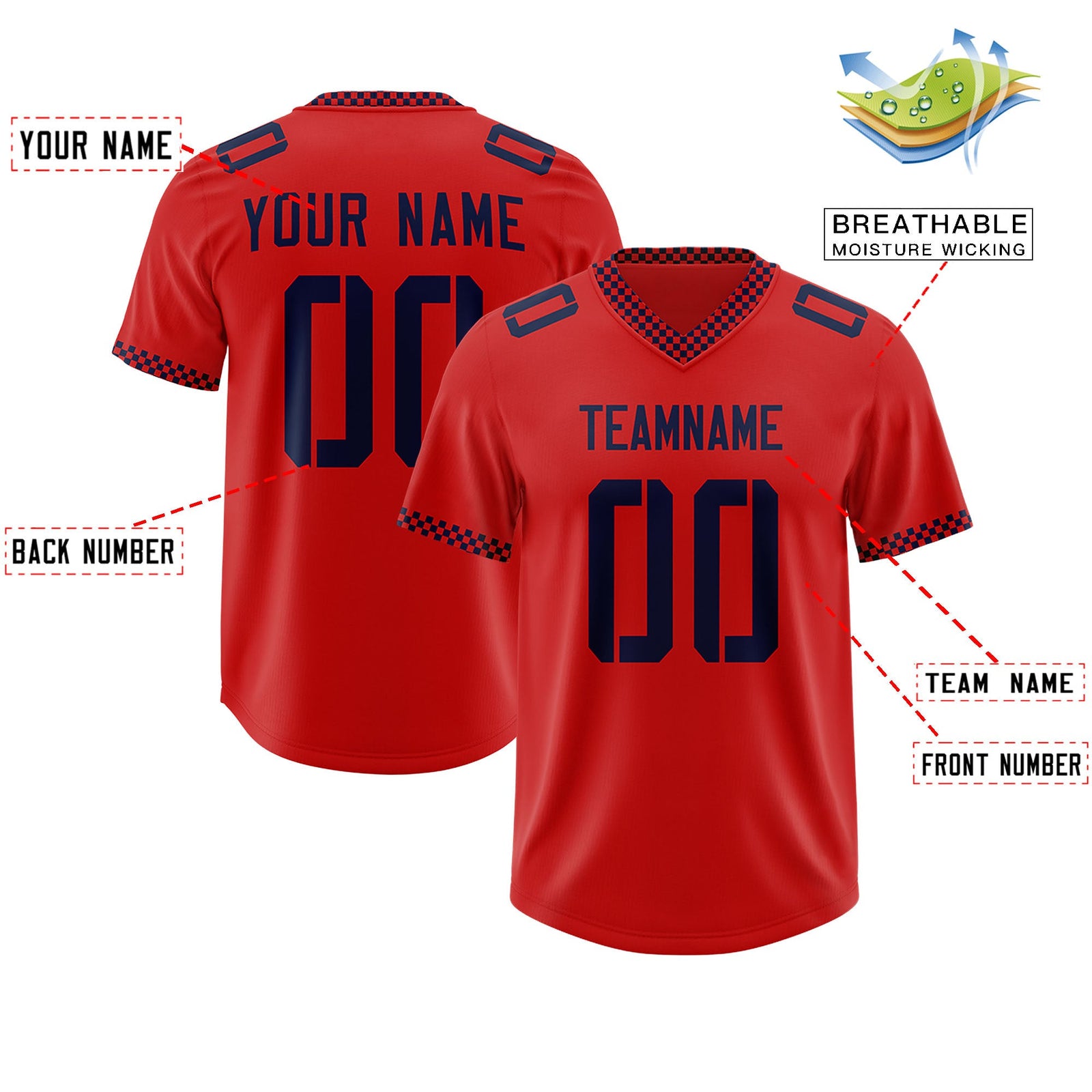 Custom Red Navy Personalized Neckline Square Classic Authentic Football Jersey