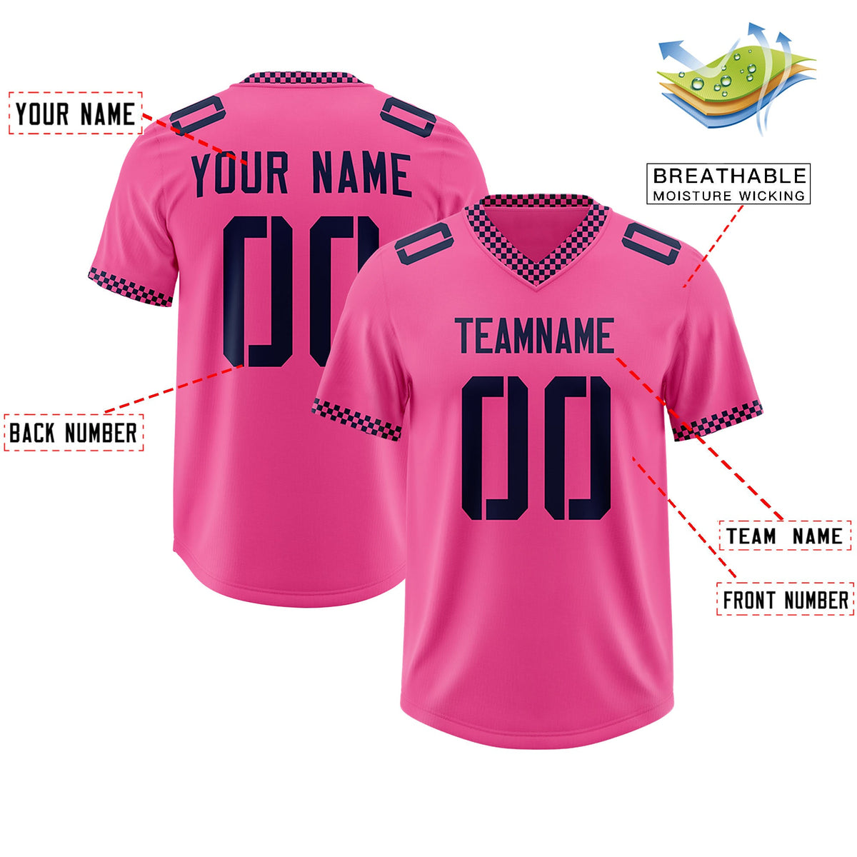 Custom Pink Navy Personalized Neckline Square Classic Authentic Football Jersey