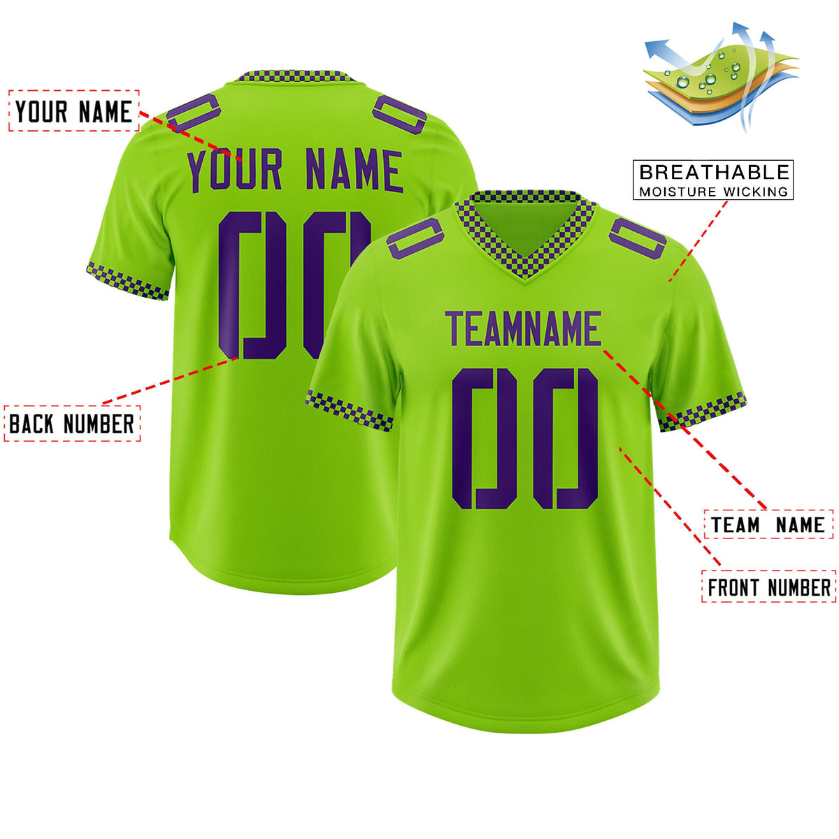 Custom Neon Green Purple Personalized Neckline Square Classic Authentic Football Jersey