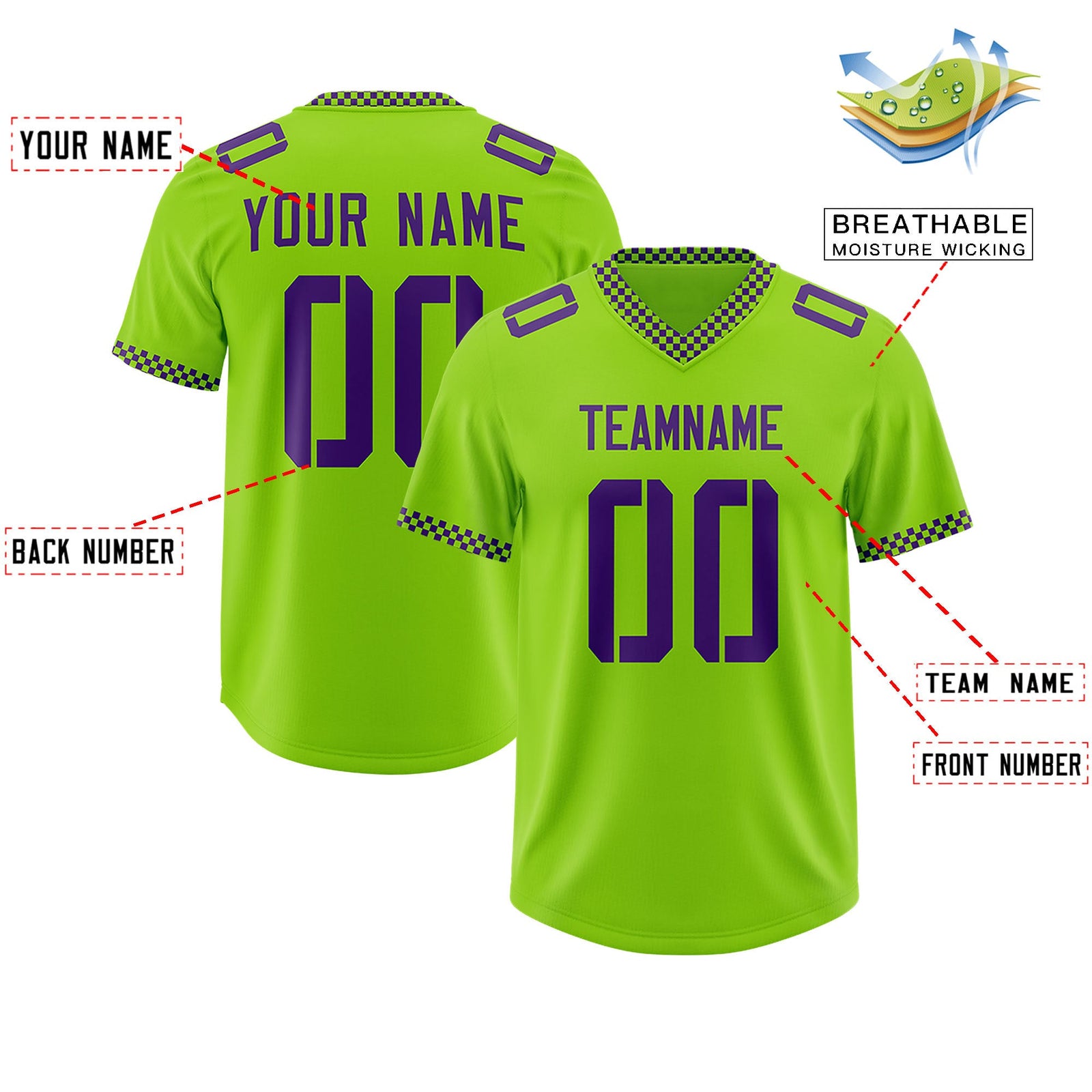 Custom Neon Green Purple Personalized Neckline Square Classic Authentic Football Jersey