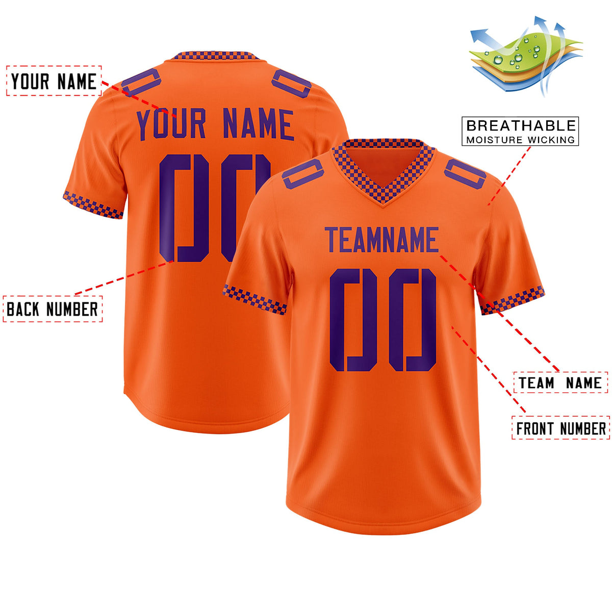 Custom Orange Purple Personalized Neckline Square Classic Authentic Football Jersey