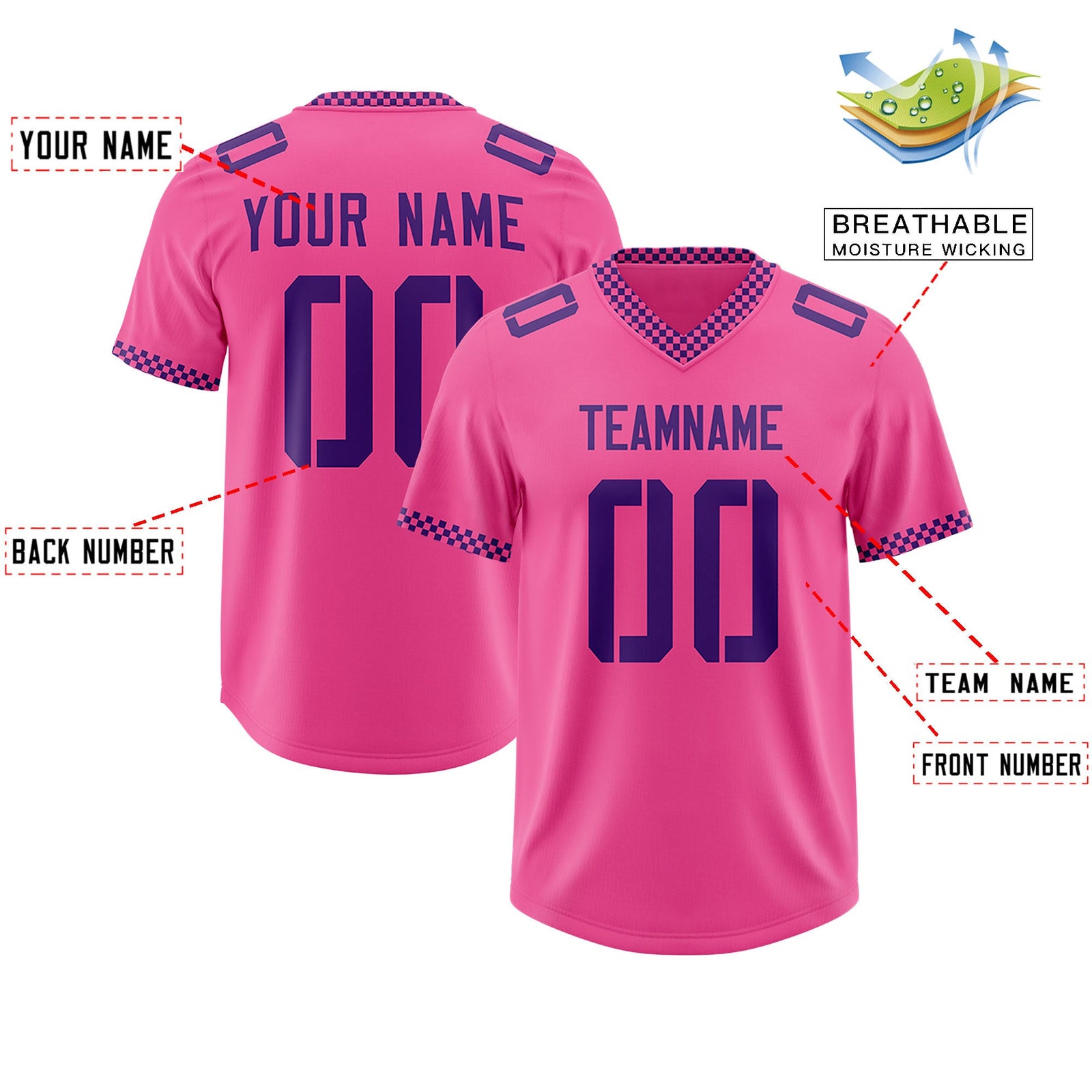 Custom Pink Purple Personalized Neckline Square Classic Authentic Football Jersey