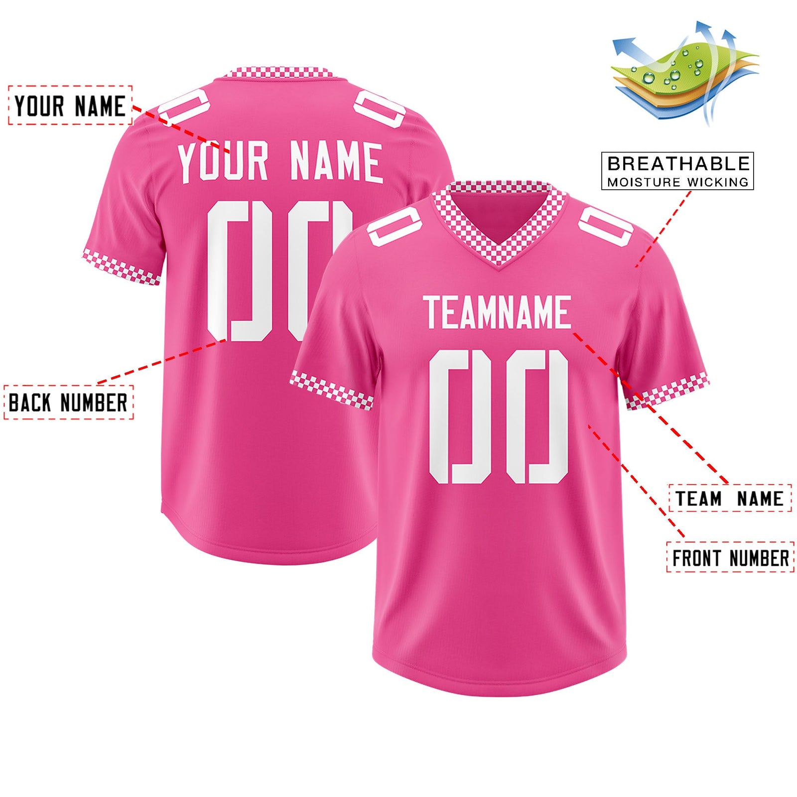 Custom Pink White Personalized Neckline Square Classic Authentic Football Jersey