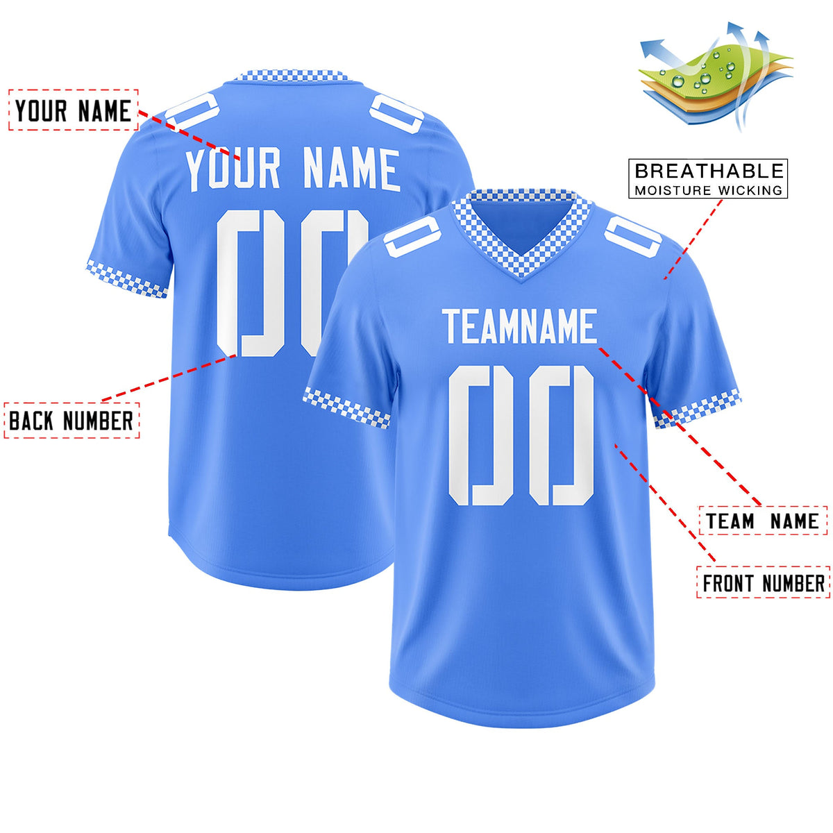 Custom Powder Blue White Personalized Neckline Square Classic Authentic Football Jersey