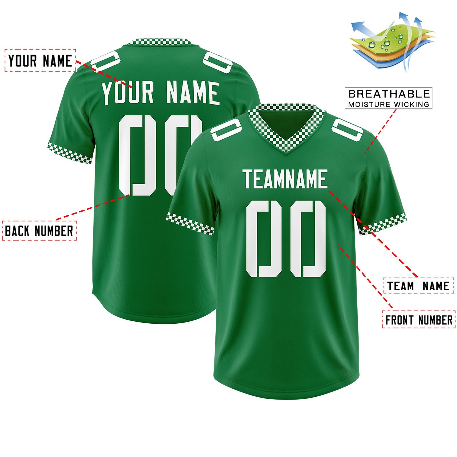 Custom Kelly Green White Personalized Neckline Square Classic Authentic Football Jersey