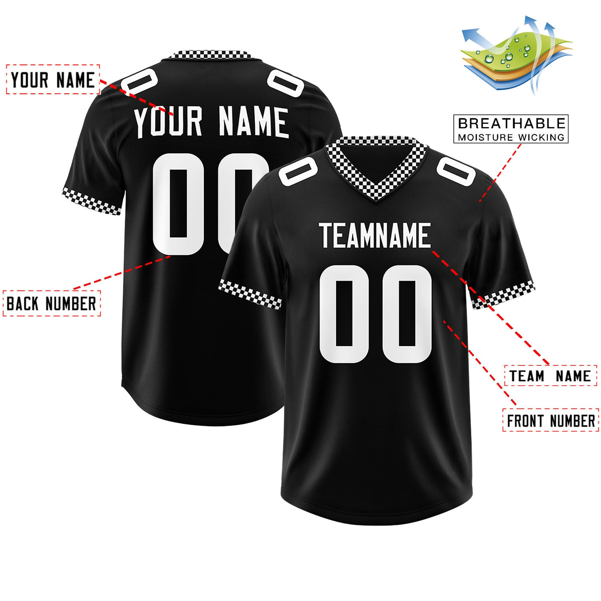 Custom Black White Personalized Neckline Square Classic Authentic Football Jersey