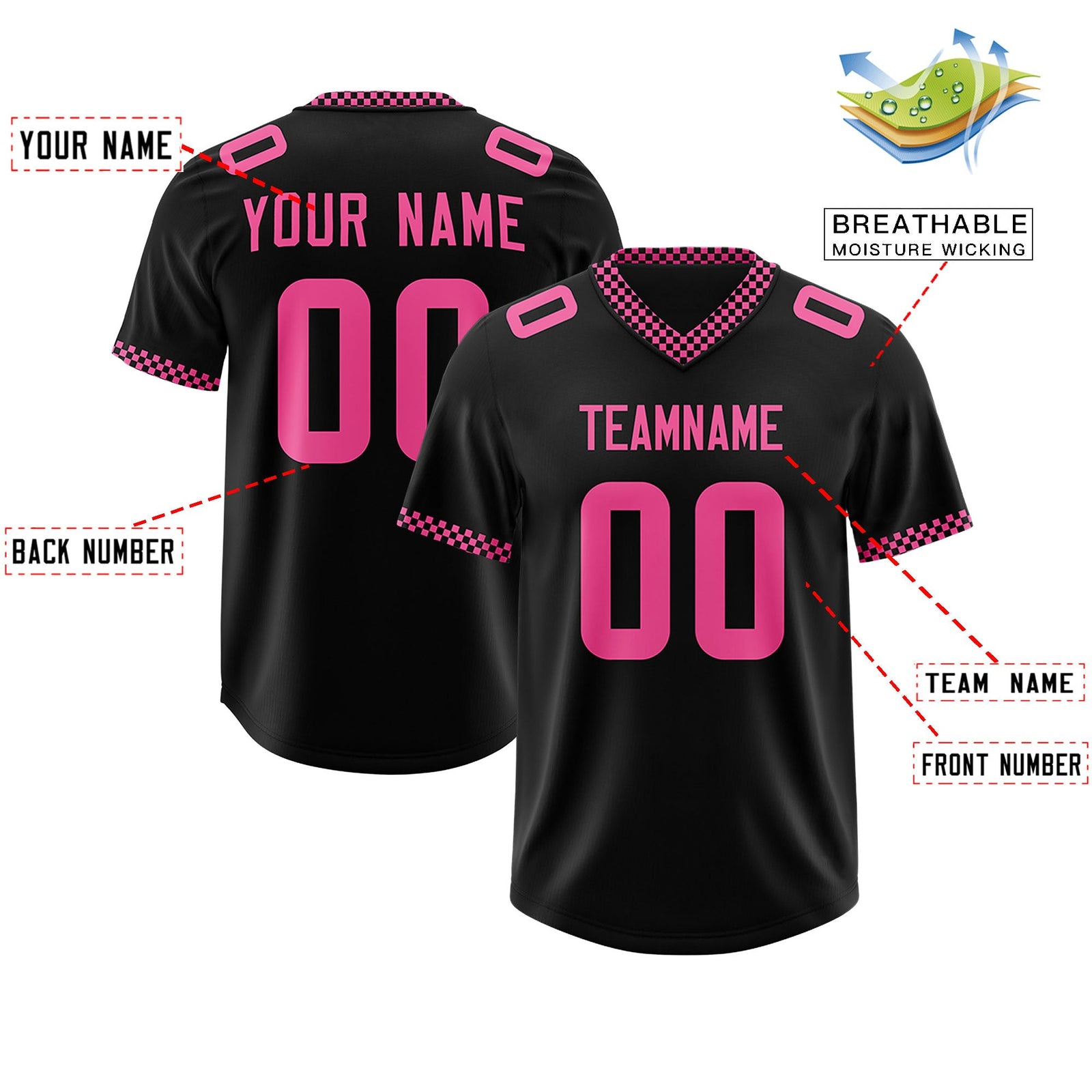 Custom Black Pink Personalized Neckline Square Classic Authentic Football Jersey