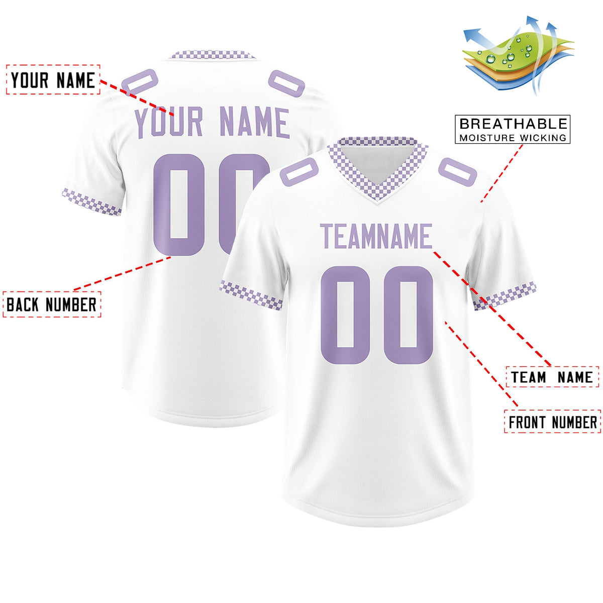 Custom White Light Purple Personalized Neckline Square Classic Authentic Football Jersey