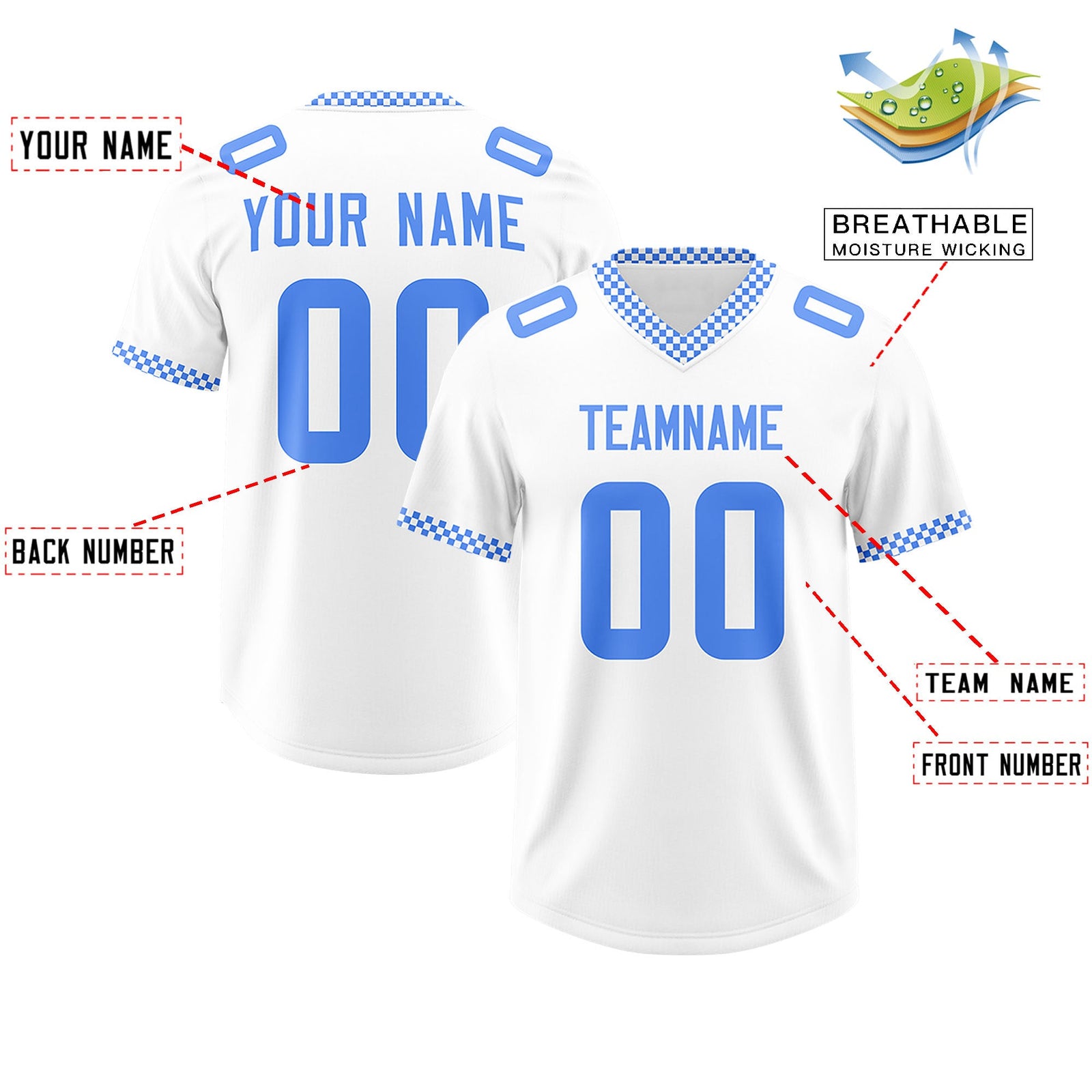 Custom White Powder Blue Personalized Neckline Square Classic Authentic Football Jersey