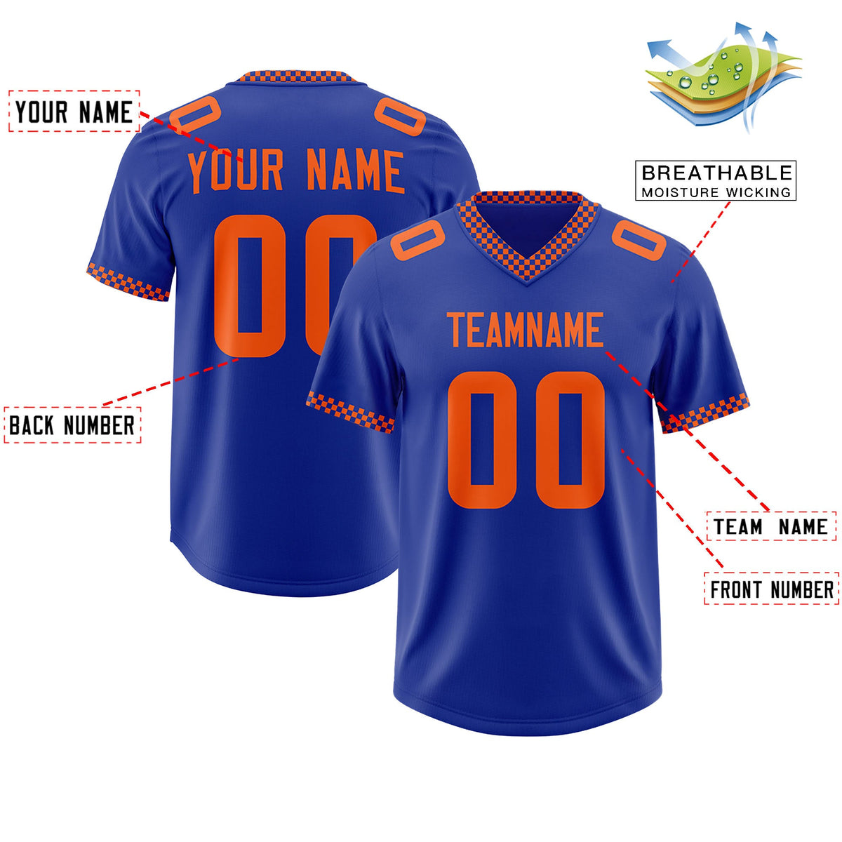 Custom Royal Orange Personalized Neckline Square Classic Authentic Football Jersey