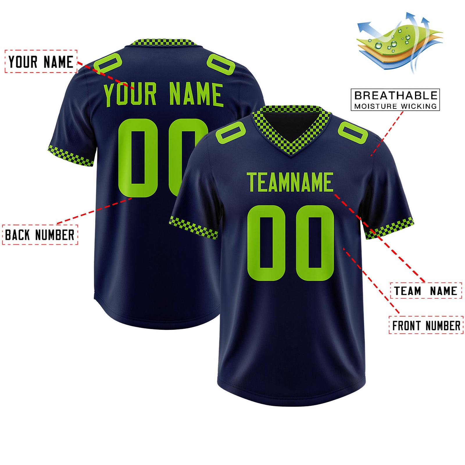 Custom Navy Neon Green Personalized Neckline Square Classic Authentic Football Jersey