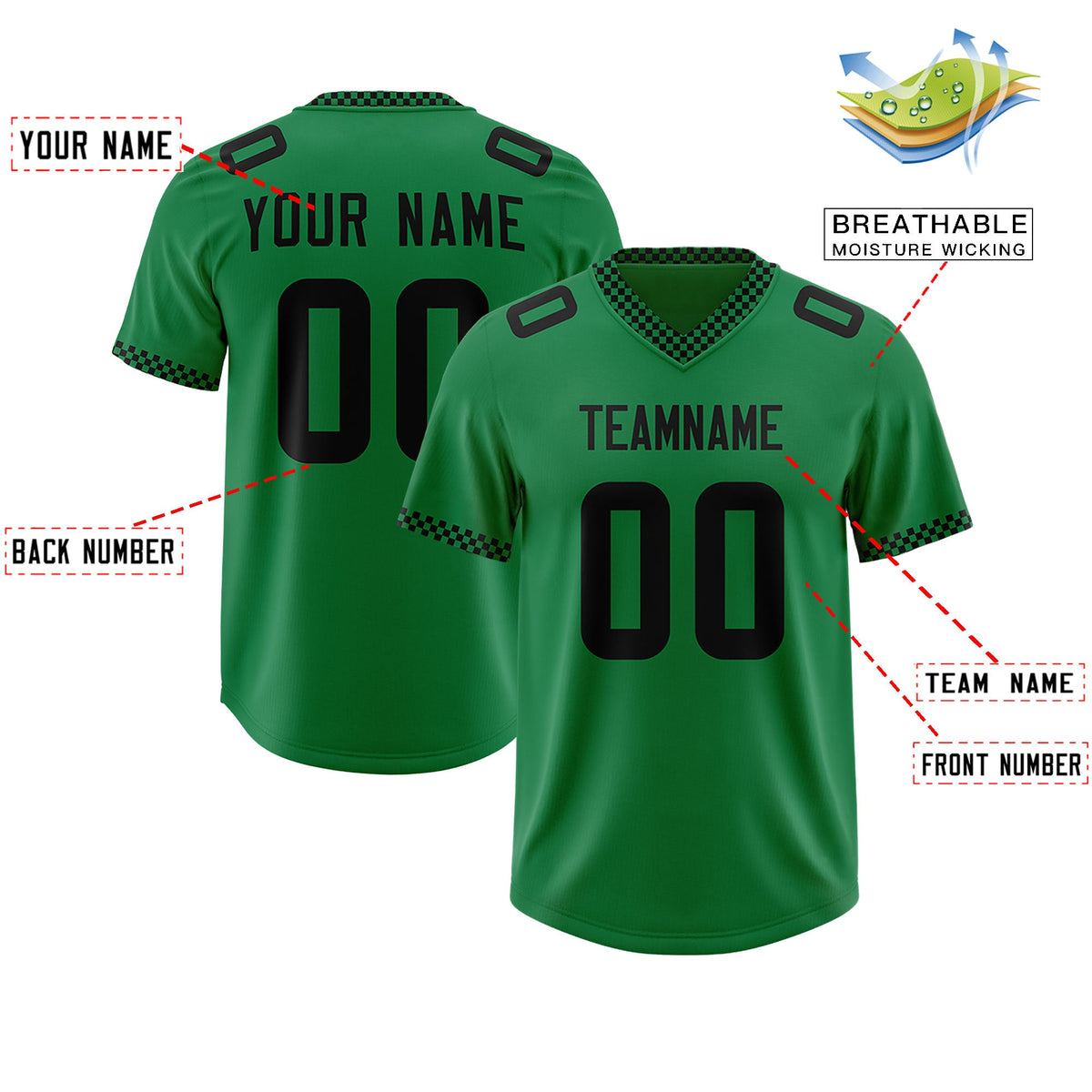 Custom Kelly Green Black Personalized Neckline Square Classic Authentic Football Jersey