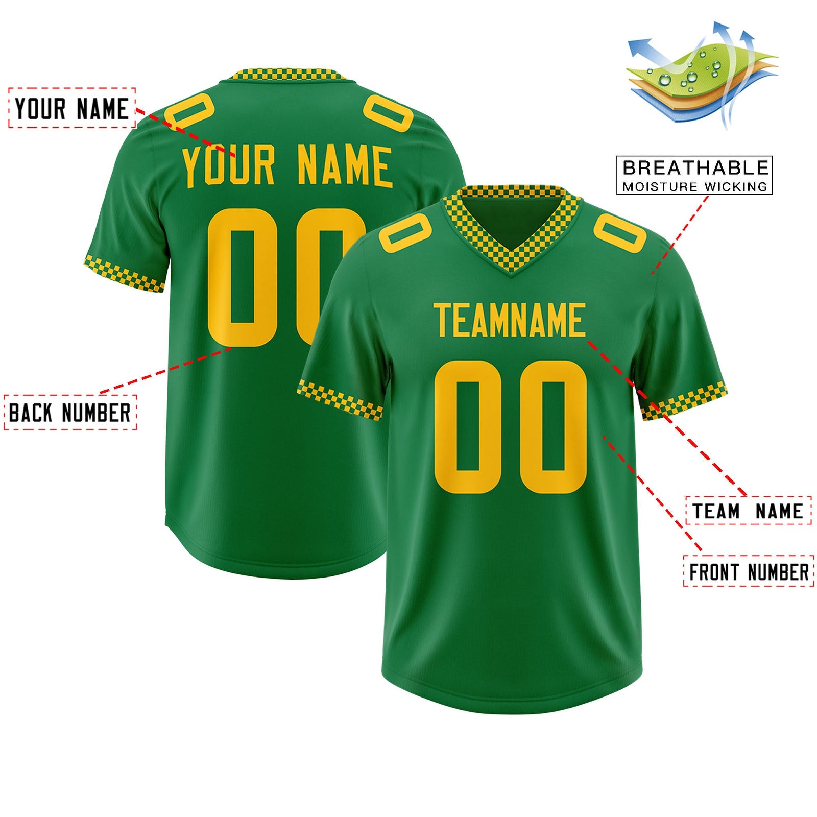 Custom Kelly Green Yellow Personalized Neckline Square Classic Authentic Football Jersey