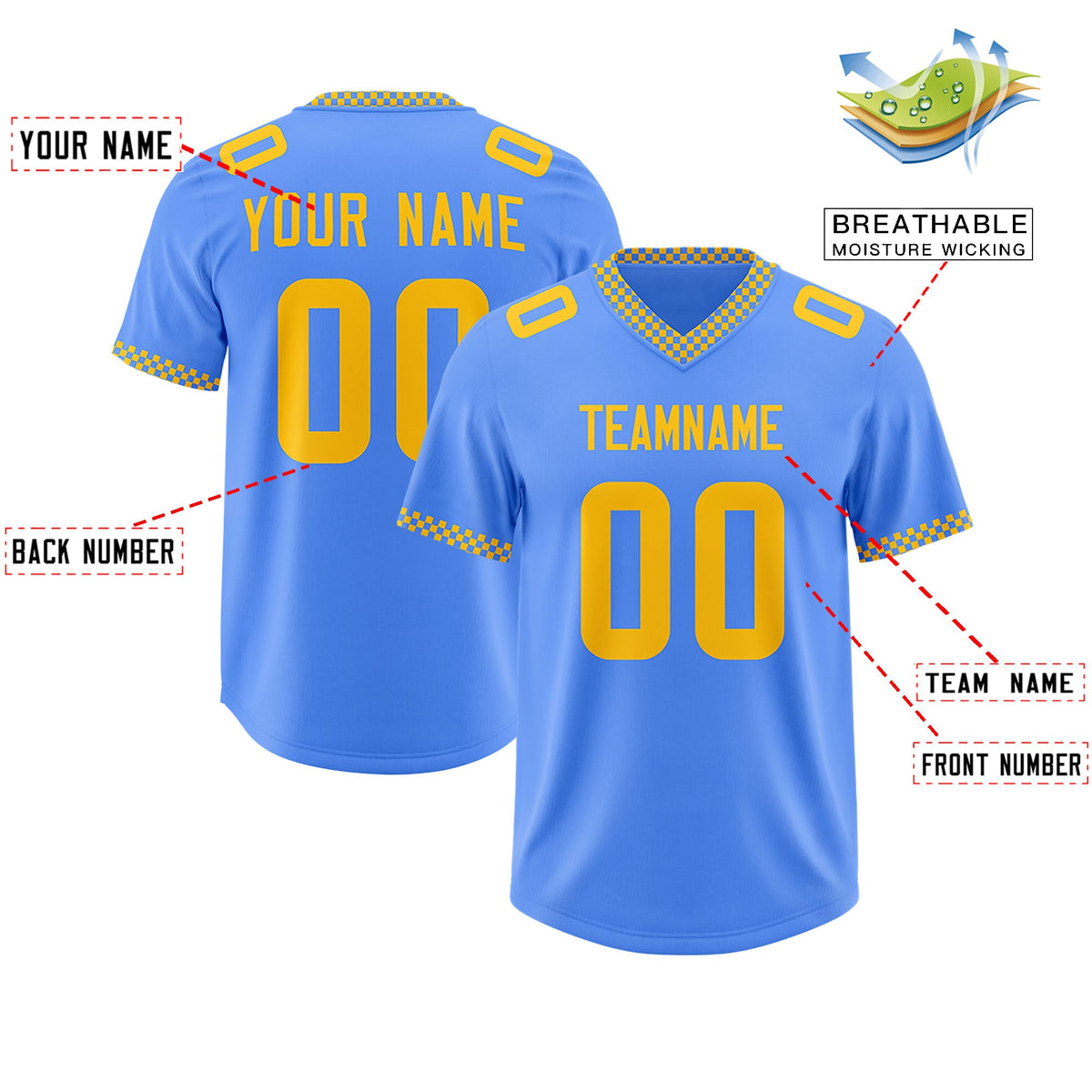 Custom Powder Blue Yellow Personalized Neckline Square Classic Authentic Football Jersey