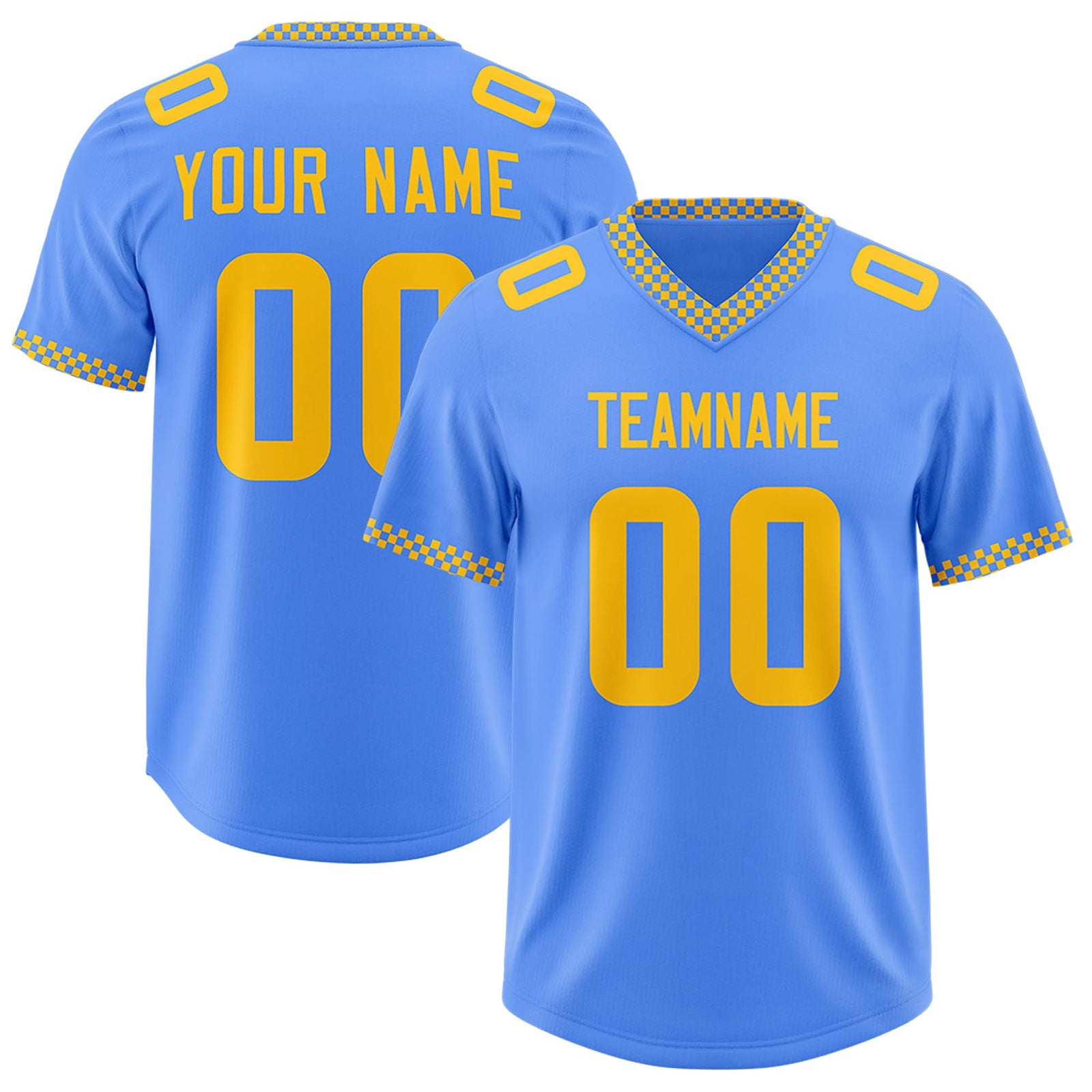 Custom Powder Blue Yellow Personalized Neckline Square Classic Authentic Football Jersey