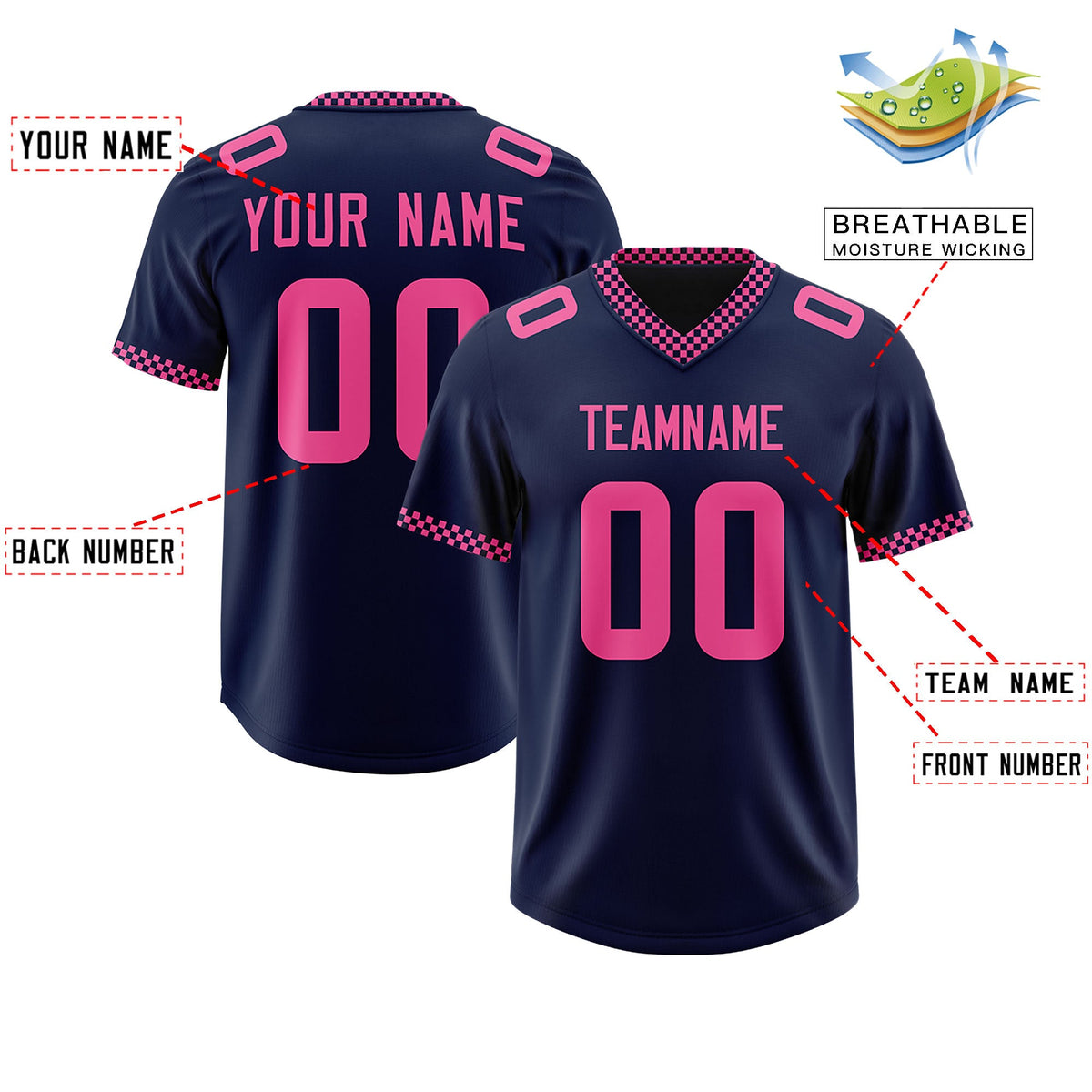 Custom Navy Pink Personalized Neckline Square Classic Authentic Football Jersey