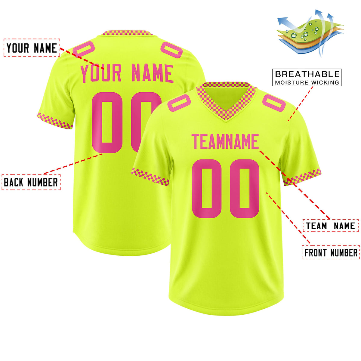 Custom Fluorescent Green Pink Personalized Neckline Square Classic Authentic Football Jersey