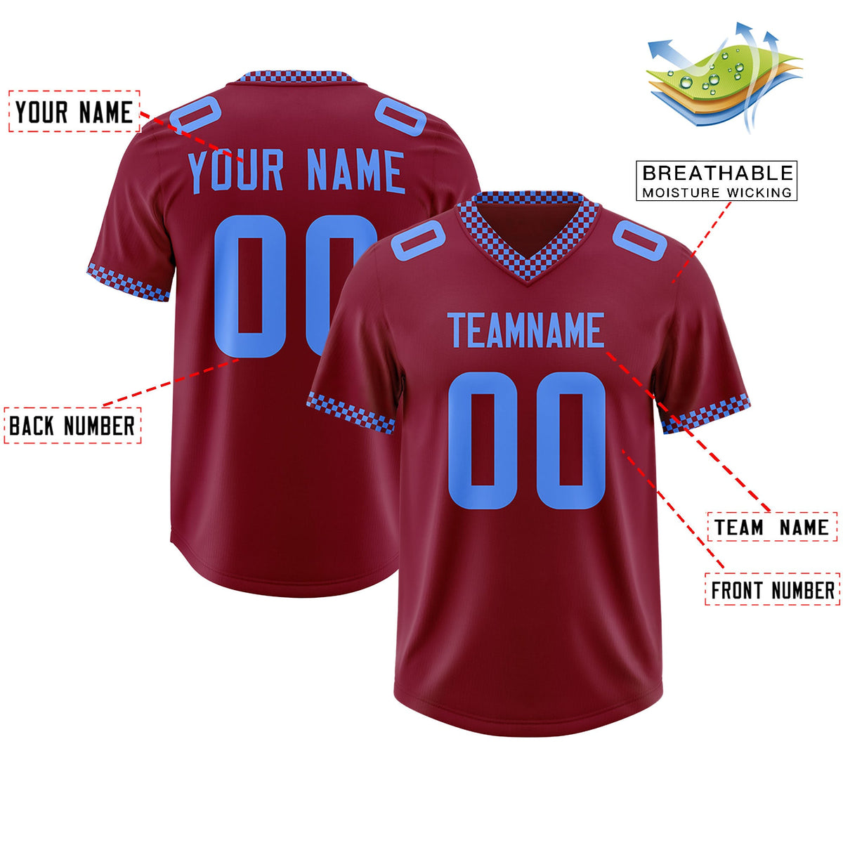 Custom Crimson Powder Blue Personalized Neckline Square Classic Authentic Football Jersey