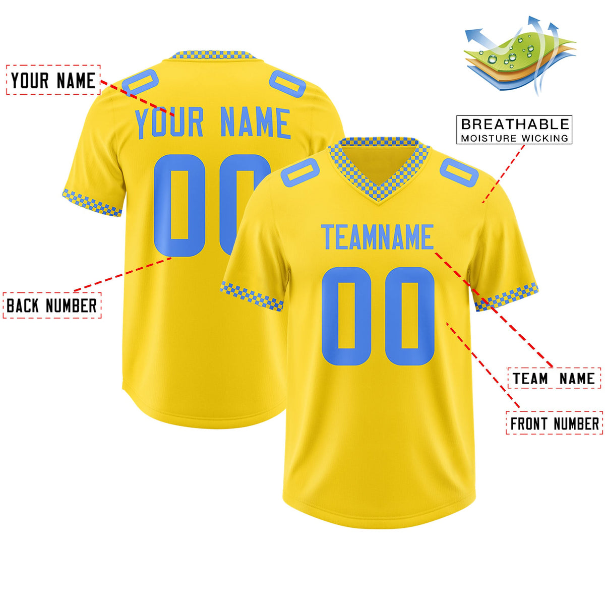 Custom Gold Powder Blue Personalized Neckline Square Classic Authentic Football Jersey